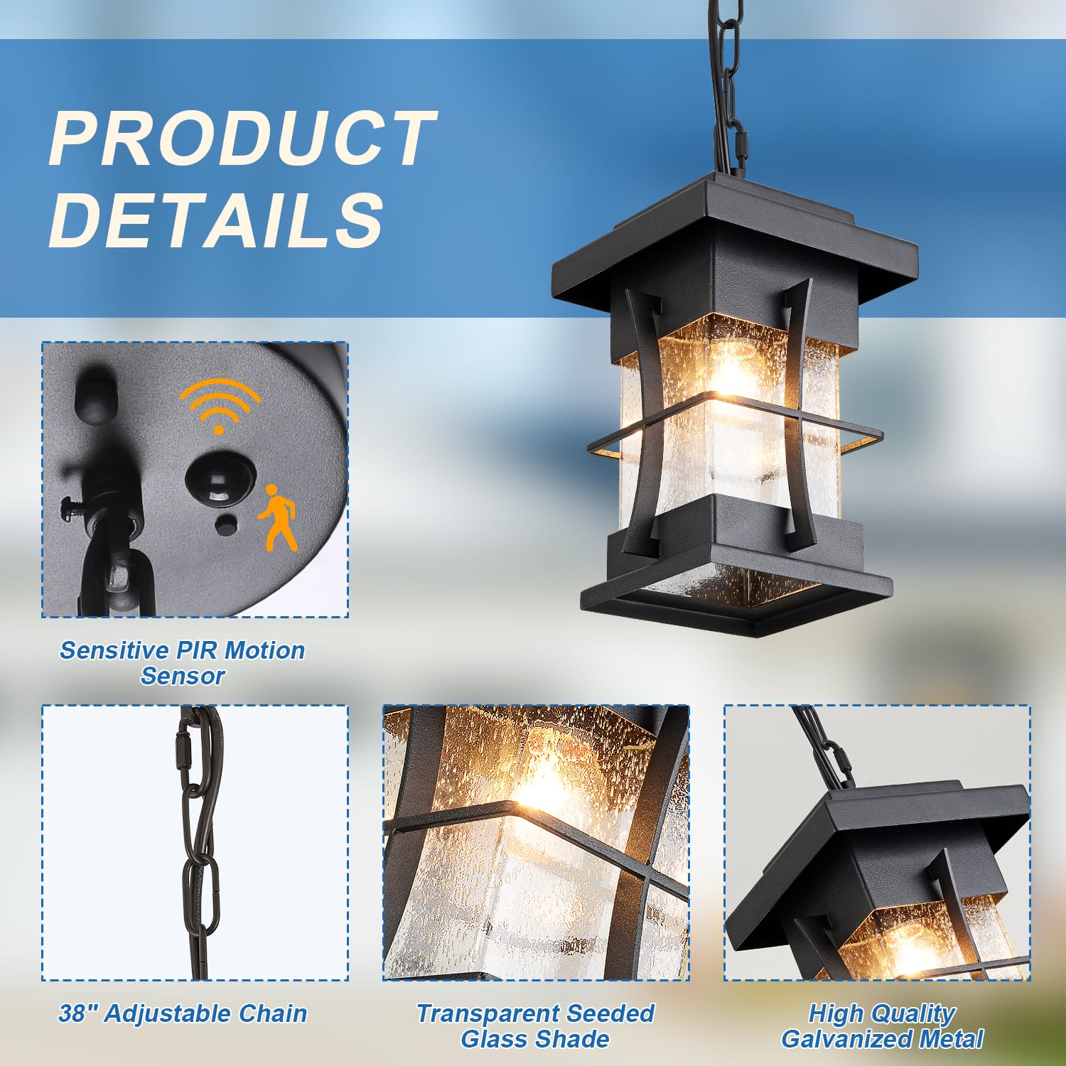 Outdoor Pendant Light Fixture with Dusk to Dawn Sensor Exterior Hanging Lantern with Adjustable Chain Black with Seeded Glass Outside Lights for House Patio Front Porch Lighting