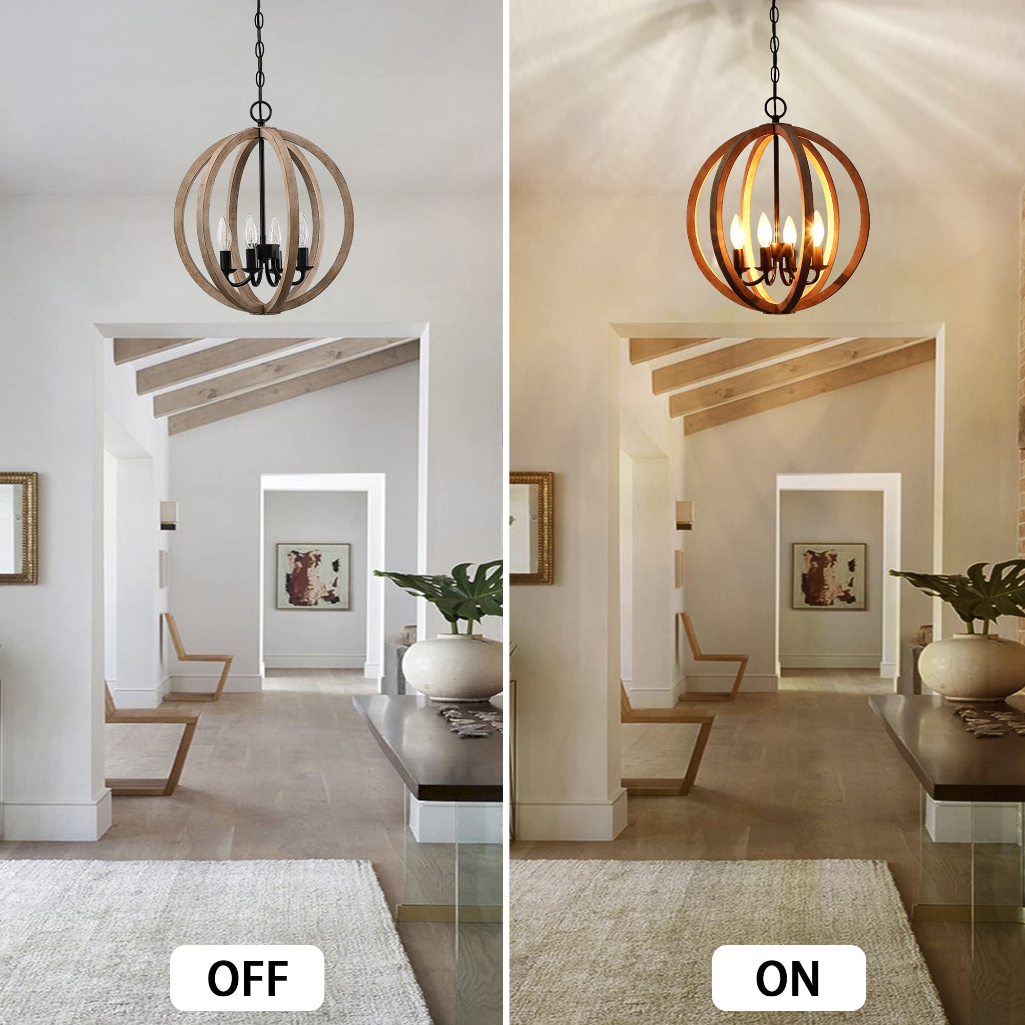 Farmhouse Chandelier, 16" 4-Light Wood Chandelier Rustic Orb Pendant Light Fixtures Black Ceiling Hanging Lighting for Dining Room Foyer Entryway Kitchen Island