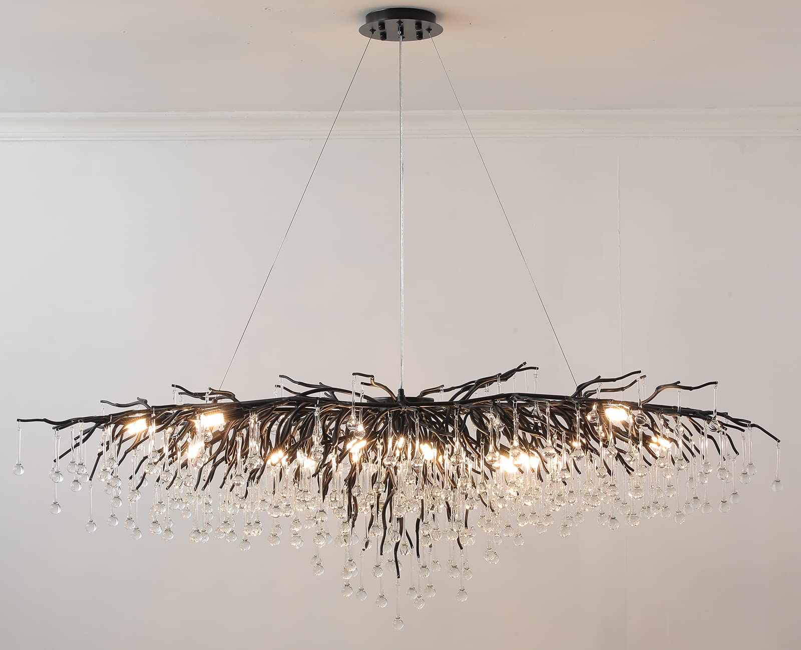 Black Crystal Chandelier, Modern Ceiling Pendant Flower Hanging Lighting Frosted Tree Branch Raindrop Chandelier Light Fixture for Dining Room, Living Room, Bedroom, Entryway (Dia 24" Round)