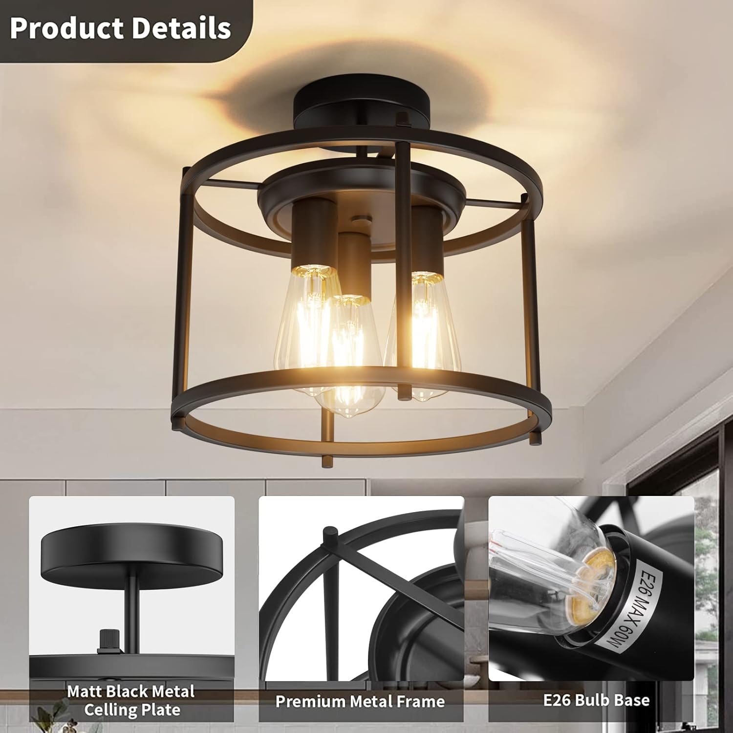 Farmhouse Semi Flush Mount Ceiling Light Fixture Black Industrial Kitchen Ceiling Light Rustic Vintage Ceiling Mount 3 Lights Chandelier Lighting for Dining Room Hallway Entryway Bedroom Living Room