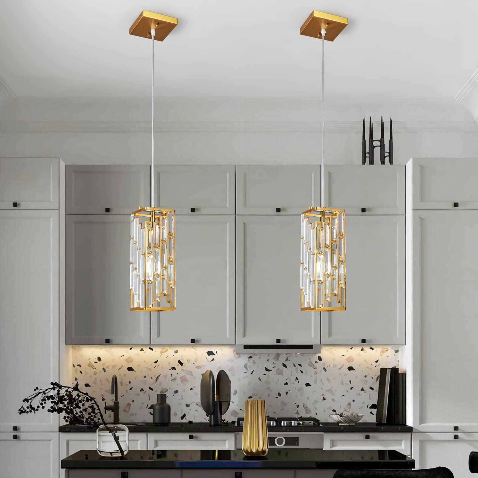 Gold Pendant Lighting Modern Pendant Light, Mini Crystal Chandeliers,Adjustable Pendant Light Fixture for Kitchen Island Dinning Room Bedroom (3 Pack)