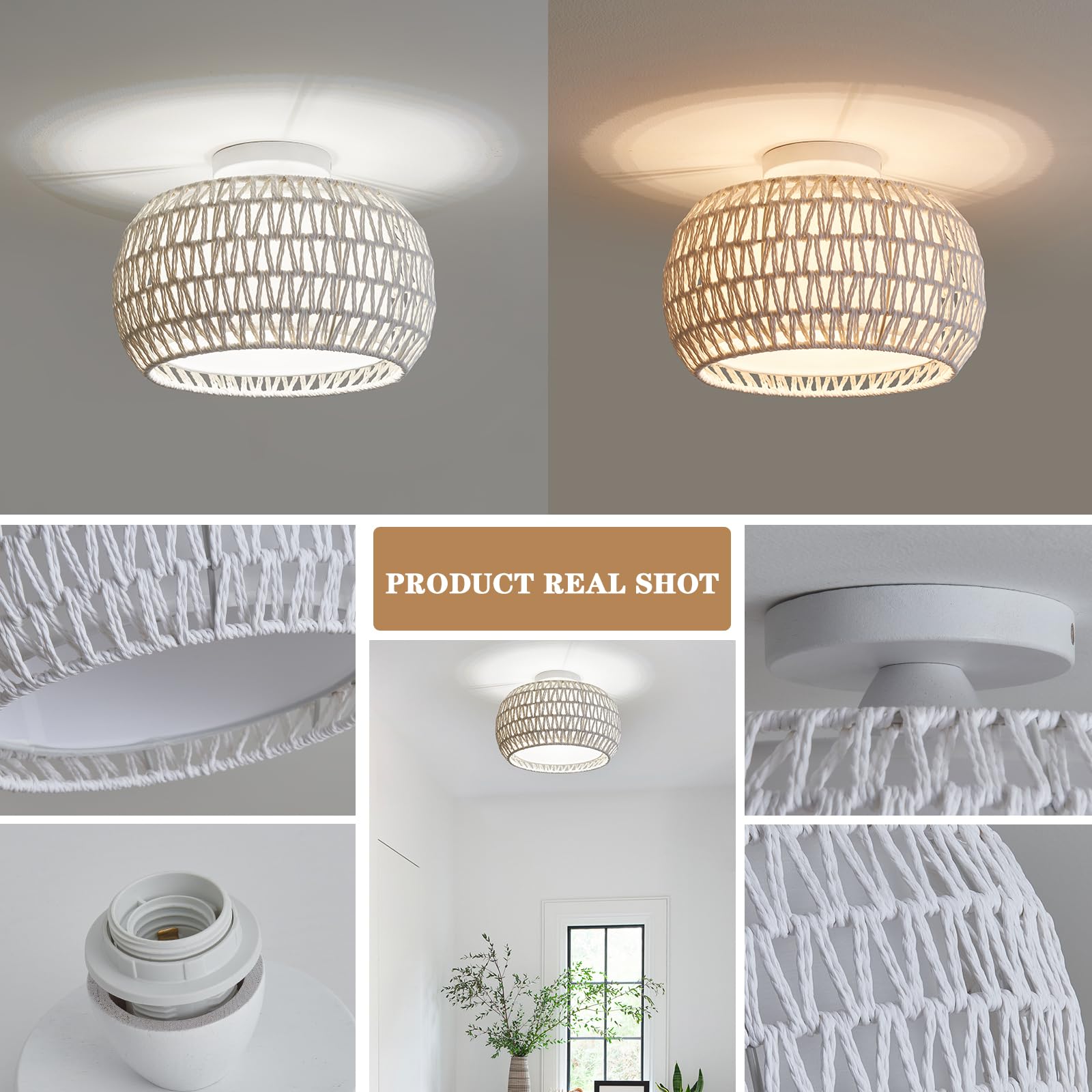 Rattan Ceiling Light Fixtures, Hand-woven Boho Flush Mount Ceiling Light, Handmade Rattan Light Fixtures Ceiling Mount with Fabric Shade, Farmhouse Light Fixture for Bedroom Hallway Entryway (White)