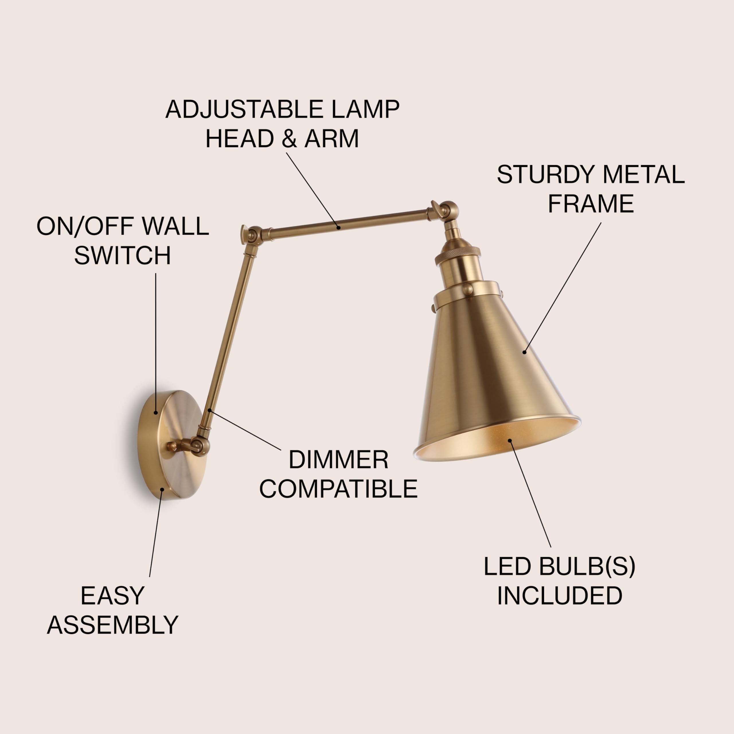 Rover 7" Farmhouse Industrial Adjustable Arm Metal LED Wall Sconce Rustic Bohemian 2700K 4W Bulb for Entryway Lobby Kitchen Bathroom Bedroom Hallway, Brass Gold (Set of 2)