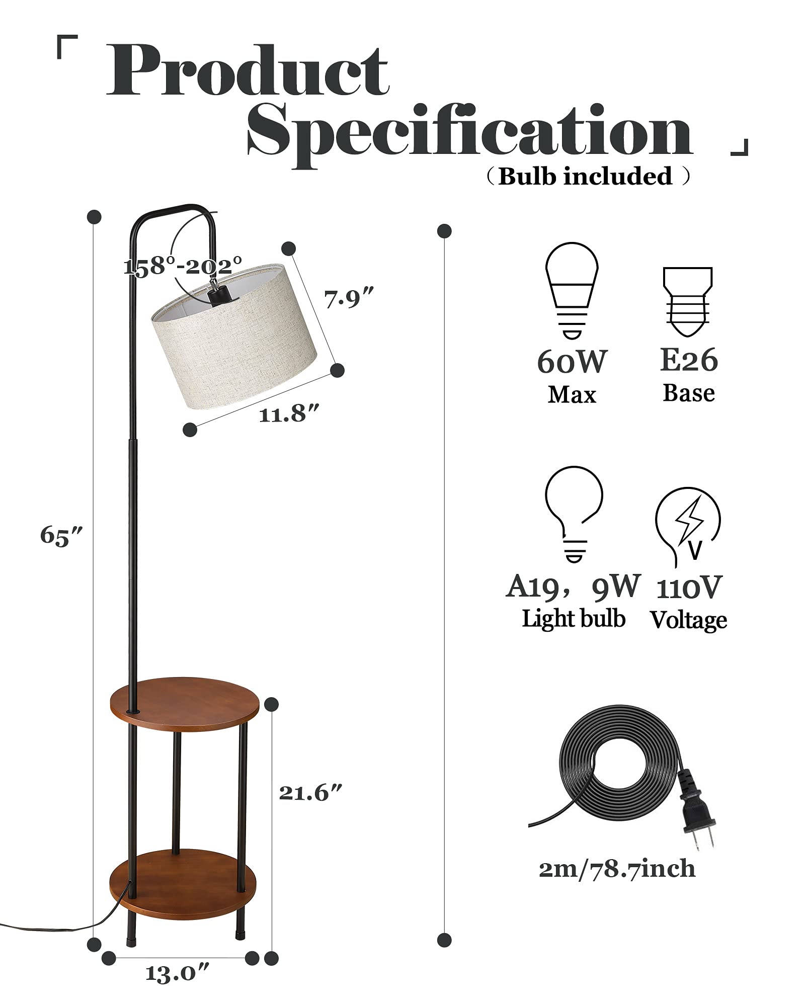 Modern Floor Lamp with End Table, Rubber Wood Bedside Table Lamp with Adjustable Drum Shade, Rustic Tall Pole Shelf Reading Standing Light for Farmhouse Bedroom, Living Room, Office - Walnut