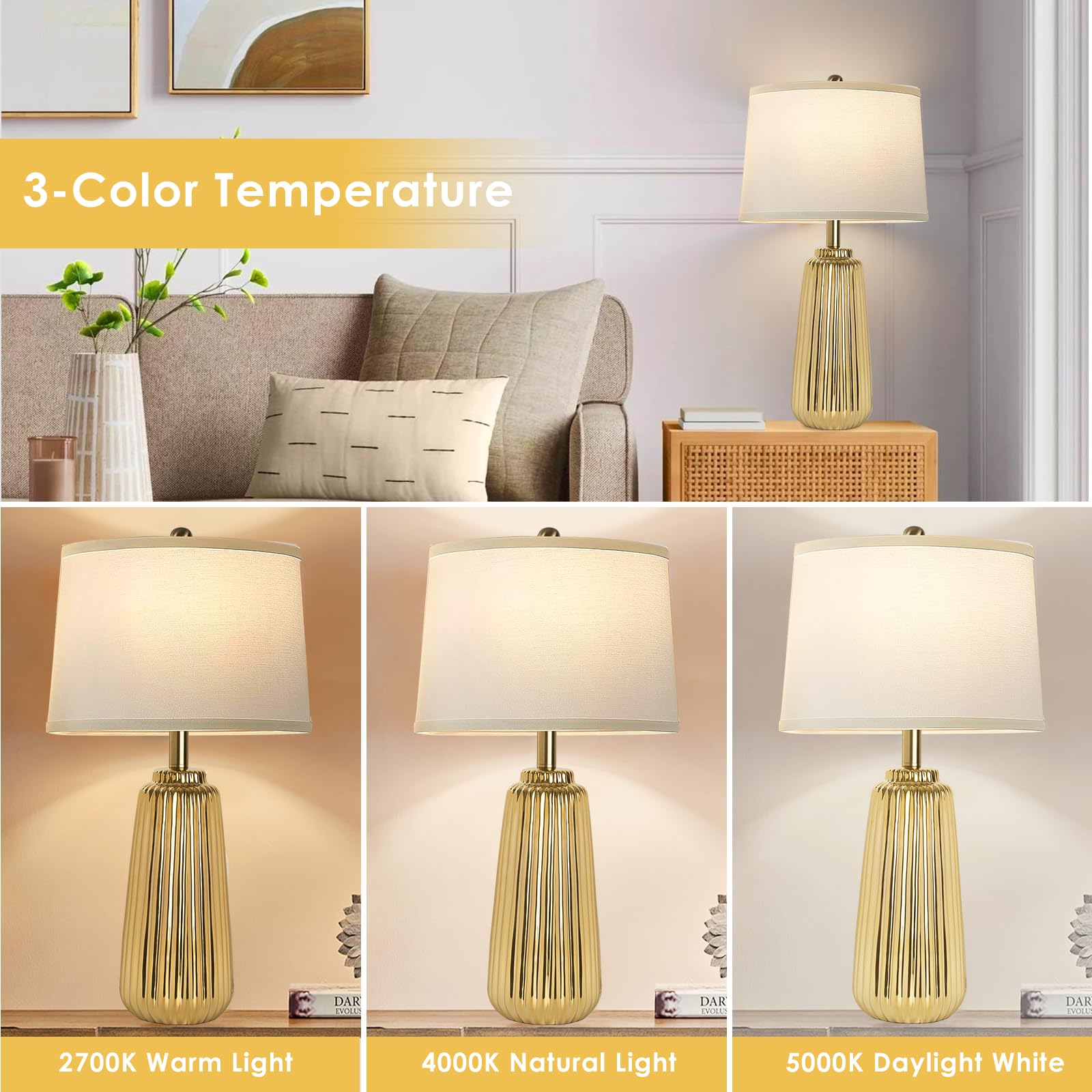 Ceramic Table Lamps Set of 2, 25Inch Modern White Table Lamps for Bedroom Living Room with 3 Color Temperature - 3000K/4000K/6000K, Coastal Lamps for Nightstand Bedside with 2 LED Bulbs, 9W