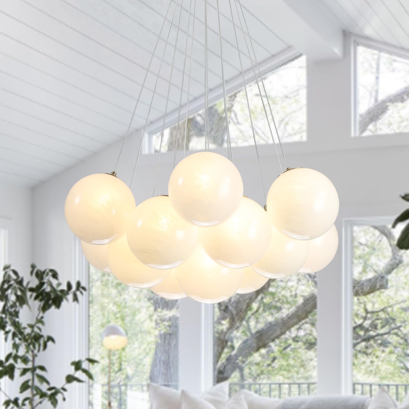 23" Bubble Globe Chandelier, 13-Light Globe Chandelier Light Fixture, Pendant Light Fixture with Milky White Glass Big Balls for Bedroom Dining Room Living Room(G9 Bulbs Included, UL Listed)