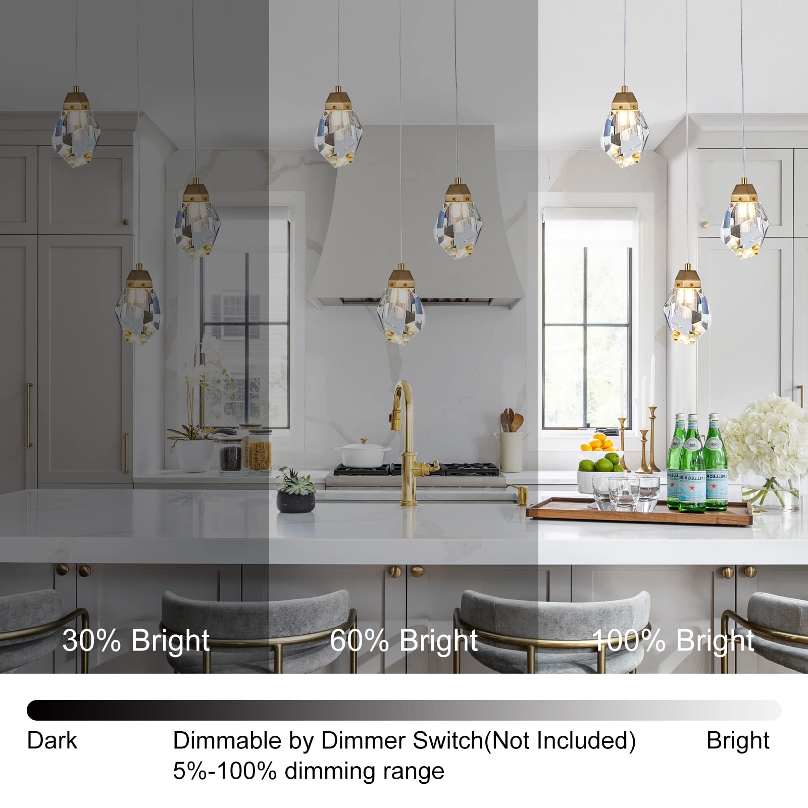 3 Lights Crystal Pendant Light Modern Cluster Chandelier - Dimmable LED Pendant Light Fixture with Brass Teardrop Design - Stylish Lighting for Kitchen Island, Dining Room, Hallway, Bathroom