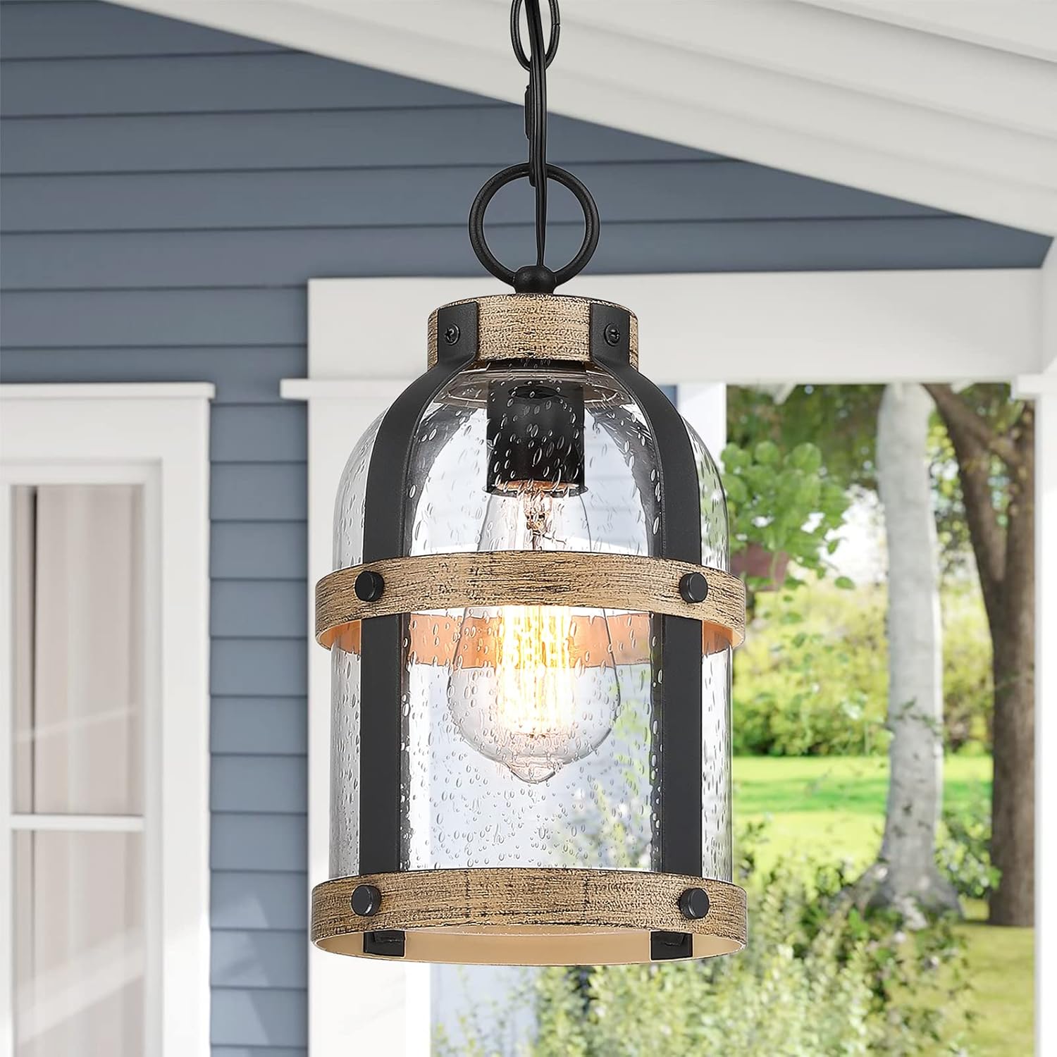 Outdoor Pendant Light for Porch,Waterproof Modern Exterior Hanging Lantern with Adjustable Chain, in Black and Wood Grain Finish with Air Bubble Glass for Front Door,Entryway,Farmhouse