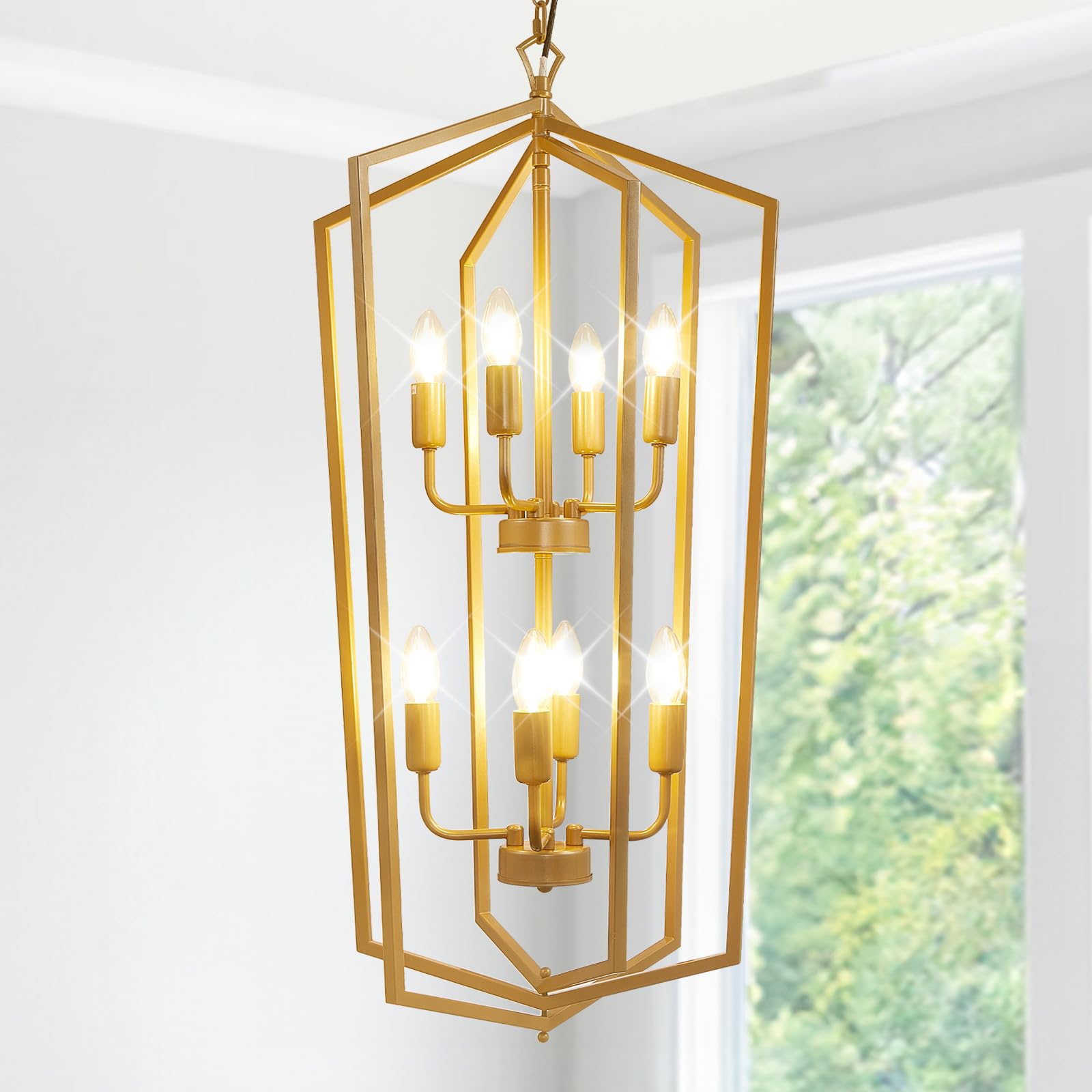 4-Light Lantern Pendant Light, 18.1" Gold Kitchen Pendant Light, Modern Geometric Chandelier, Adjustable Chain Cage Hanging Pendant Light Fixture for Bedroom, Kitchen Island, Foyer, Entrance