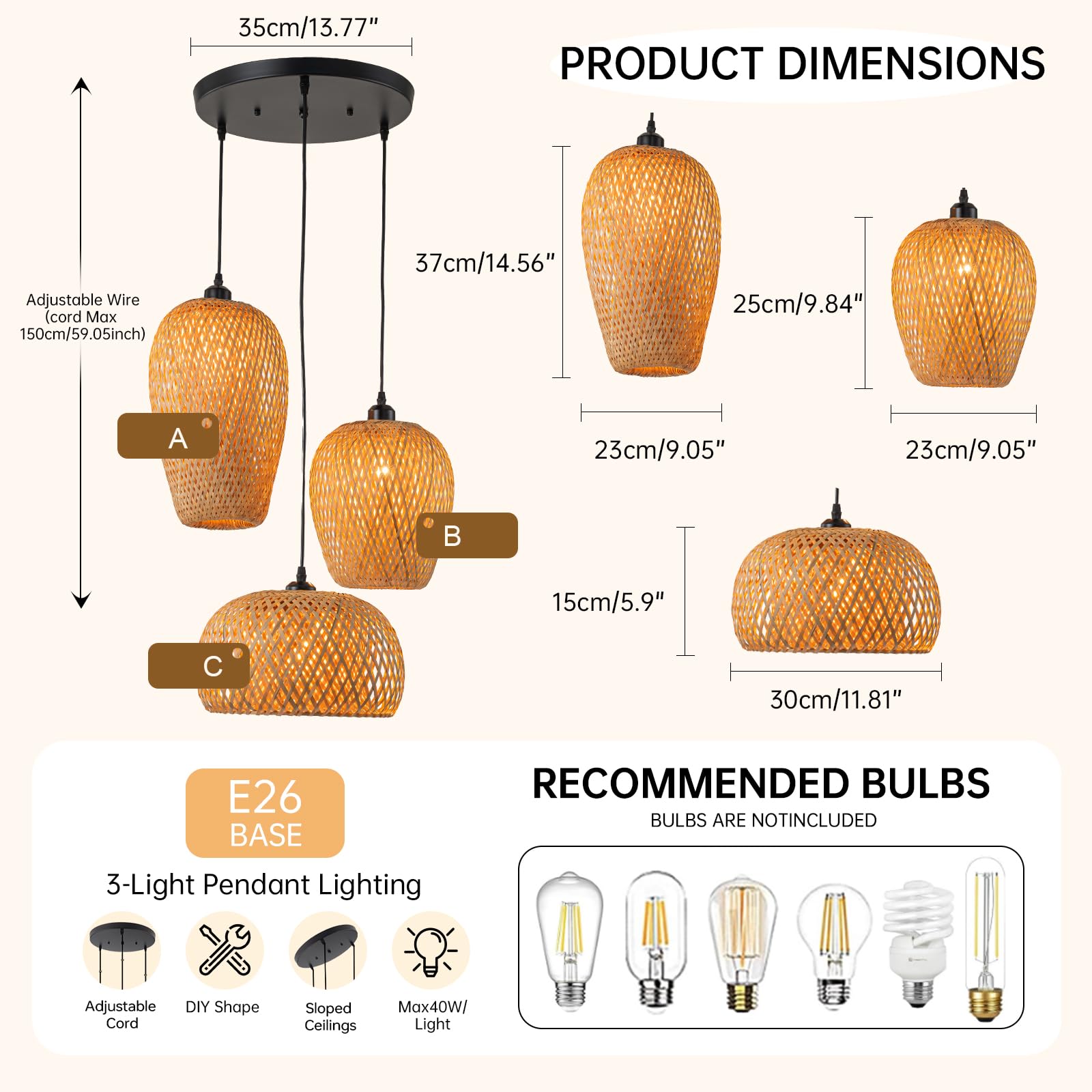 Rattan Pendant Light Bamboo Hanging Light 3-Lights Boho Pendant Light Fixture Woven Basket Wicker Shade Rattan Chandelier for Living Room Dining Room Kitchen