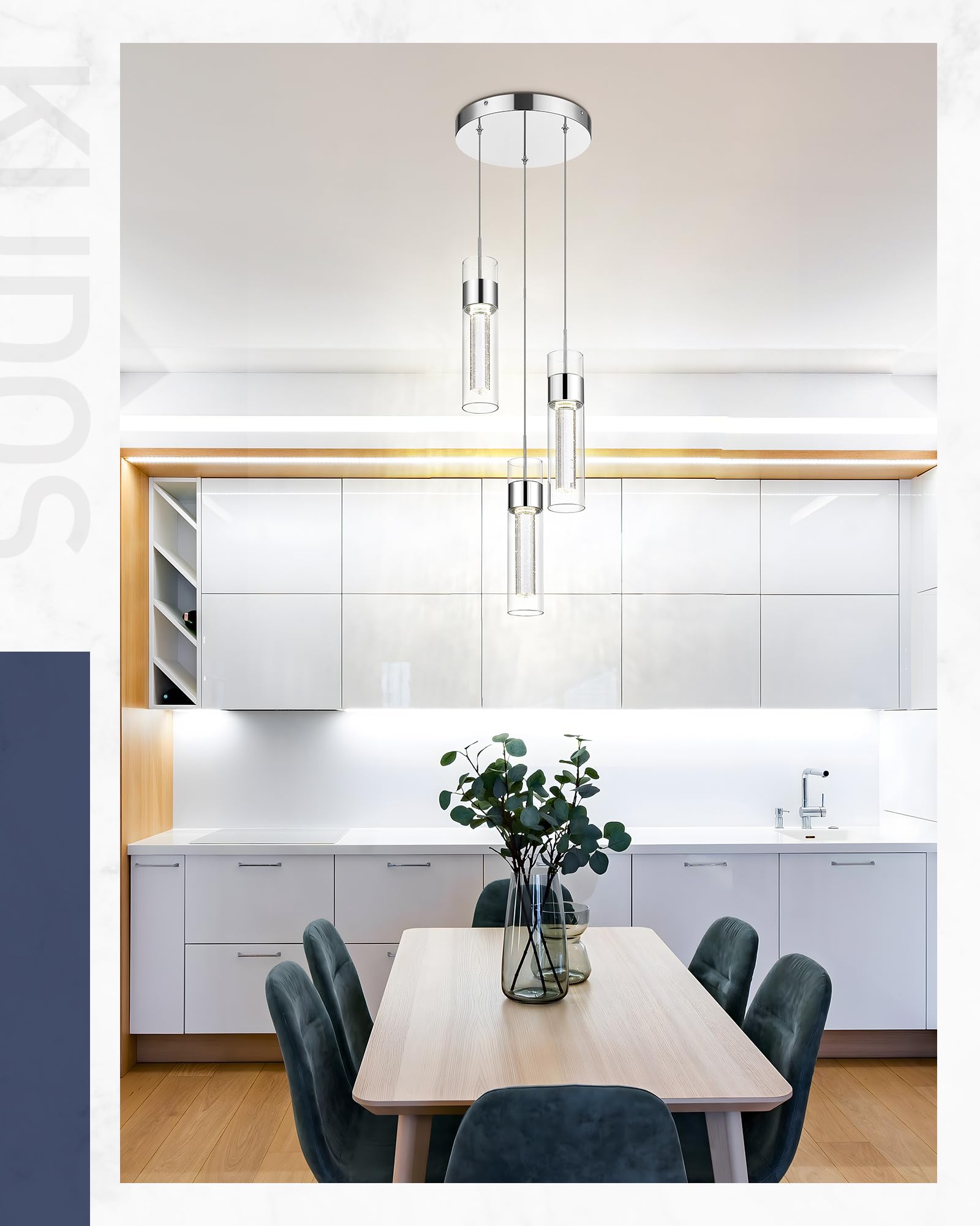 Pendant Light Fixtures, 3-Lights, Modern LED Pendant Lights with Clear Glass and Bubble Crystal, Adjustable Pendant Lights for Kitchen Island, KDPL09-GD-3L