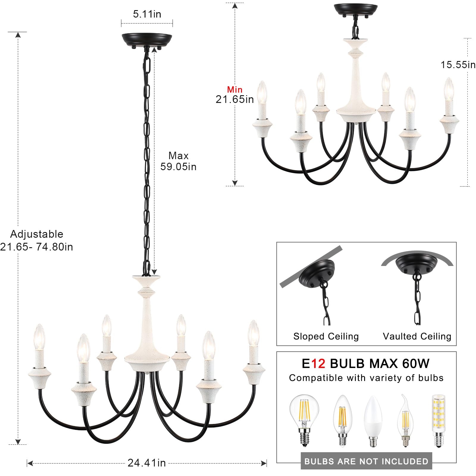 6 Light Distressed French Country Chandelier Rustic Antique White Farmhouse Chandelier for Dining Room Light Fixture Hanging Candle Pendant Lighting for Kitchen Island Living Room Bedroom Foyer