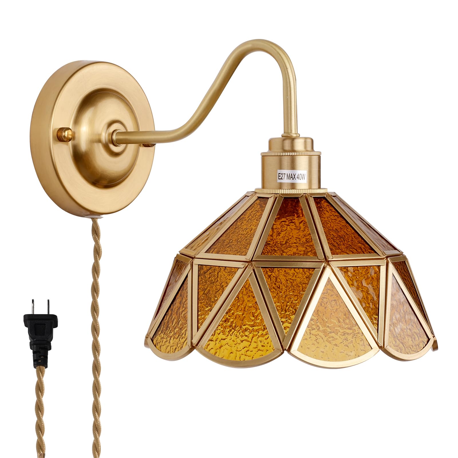 Wall Sconce, Wall Mounted Lamps with Green Checker Sconce, Stained Glass Shade Brass Wall Lights Fixture with Plug in Cord and Switch for Bedroom Bathroom Living Room Hallway