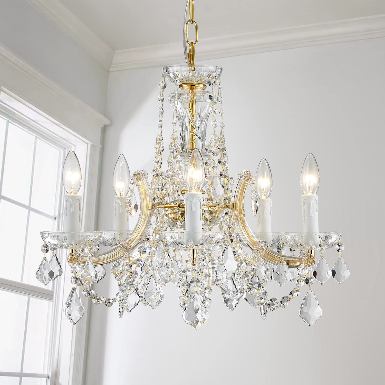 LIGHTING CH001G Modern K9 Crystal Chandelier, Maria Theresa Style Light Fixture, 5-Lights, D20 x H18, Adjustable Chain 59", Shinny Gold Finish Frame