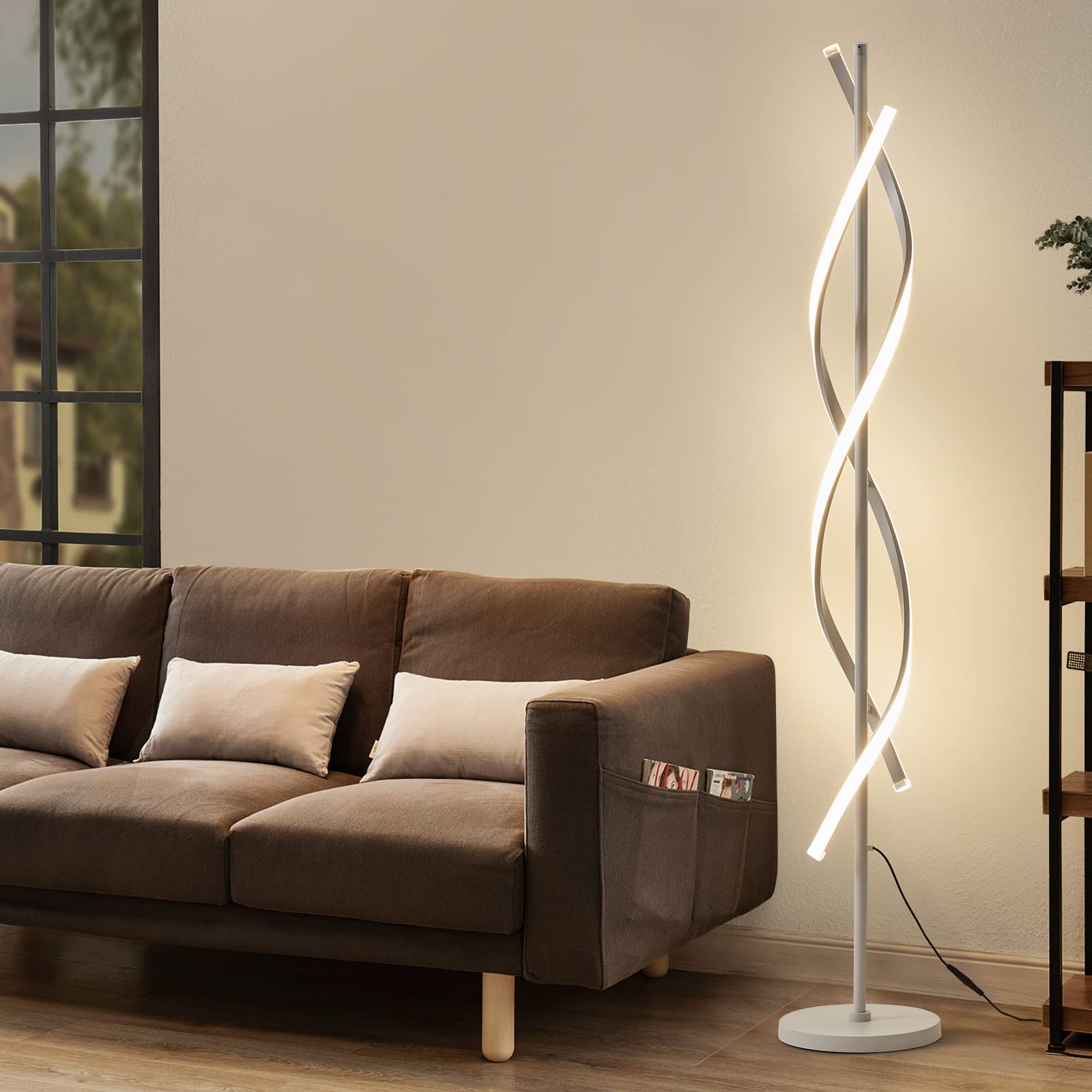 Spiral LED Floor Lamp for Bedroom,Modern Floor Lamp with Remote Control 60 Inch Dimmable Black Floor Lamp 48W Standing Lamp Timing 3 Color Temperature Corner Floor Lamps for Living Room