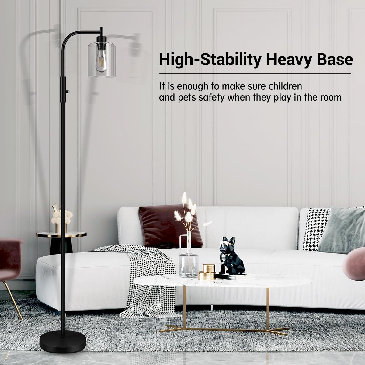 Floor Lamp, 6W Black Modern Floor Lamp with 4W Adjustable Reading Lamp, 2700K Energy-Saving LED Bulbs Included, Industrial Bright Floor Lamp for Bedroom, Living Room and Office