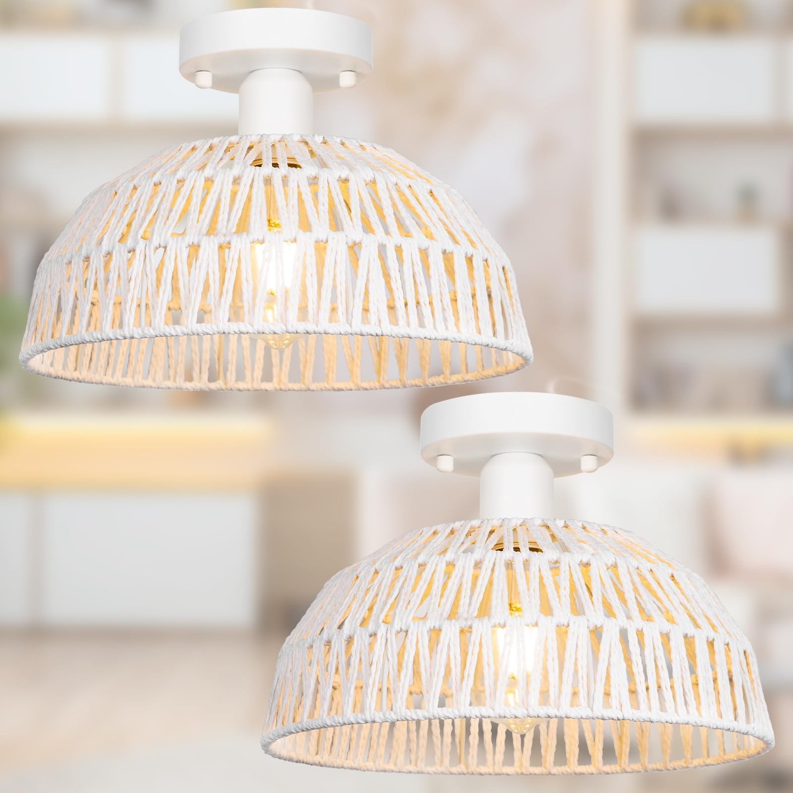 Rattan Pendant Light Fixtures 2 Packs, Boho Woven Basket Pendant Light, Handmade Wicker Hanging Lamp, Rattan Chandelier for Kitchen Island, Dining Room, Living Room, Bedroom, E26 Base