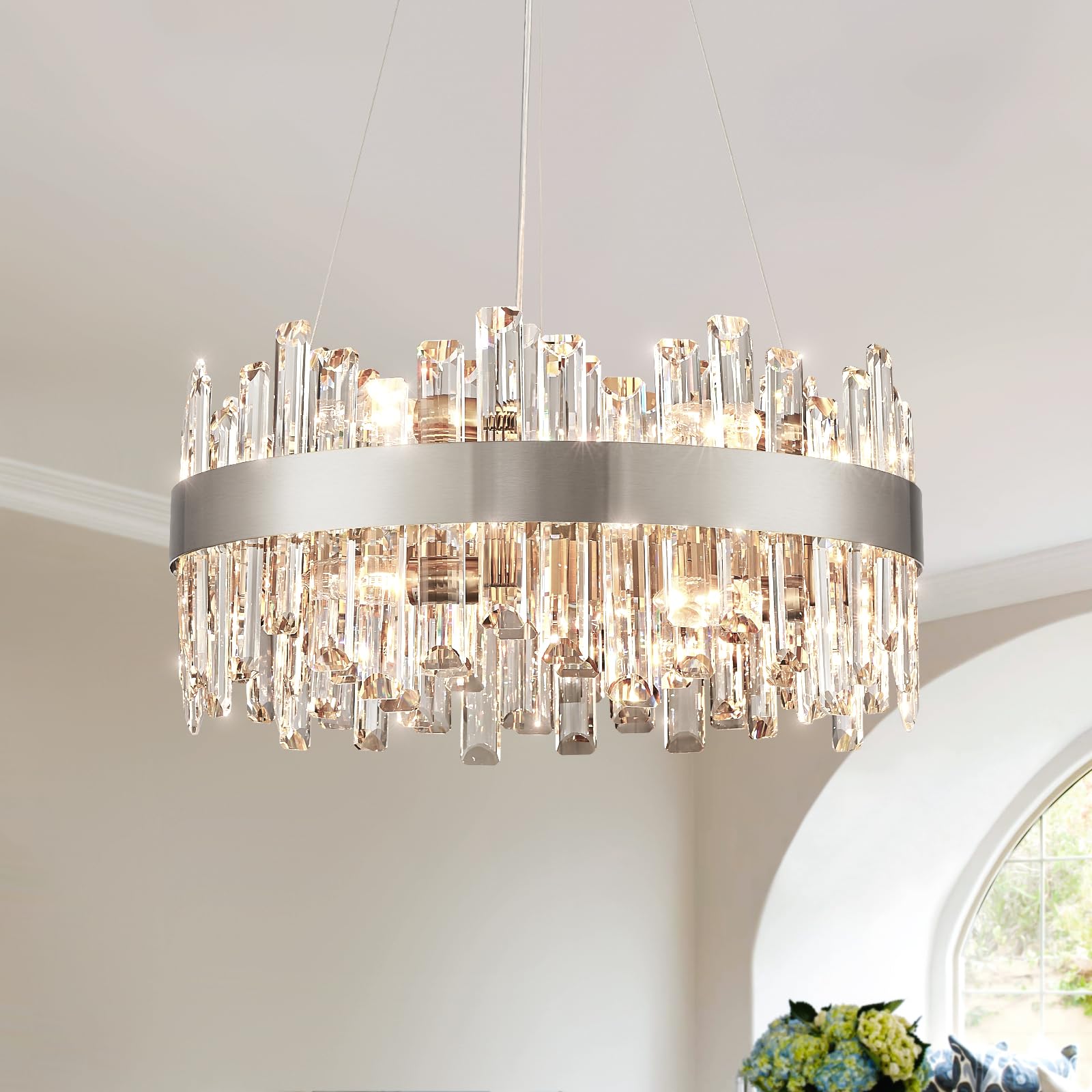 Modern Crystal Chandelier 12-Lights Round 2-Tiers K9 Crystal Raindrop Chandelier Black Industrial Farmhouse Pendant Ceiling Light Fixture for Dining Living Room Kitchen Island Entryway D23.6''