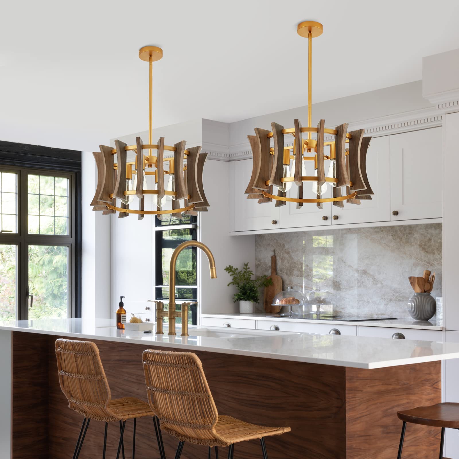 Industrial Wood Chandelier, with Antique Brass Brush Paint Finish Shade Pendant Lighting Fixture for Dining Room Kitchen Island Living Room Bedroom 4-Light