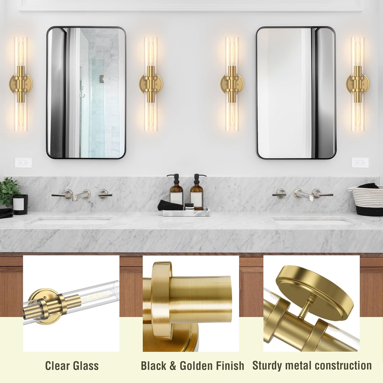 Bathroom Light Fixtures 2-Light Black & Gold, Bathroom Vanity Lights Over Mirror, Wall Sconces, Industrial Bathroom Lighting, Modern Brushed Brass Vanity Lighting Fixtures w/Glass Shades