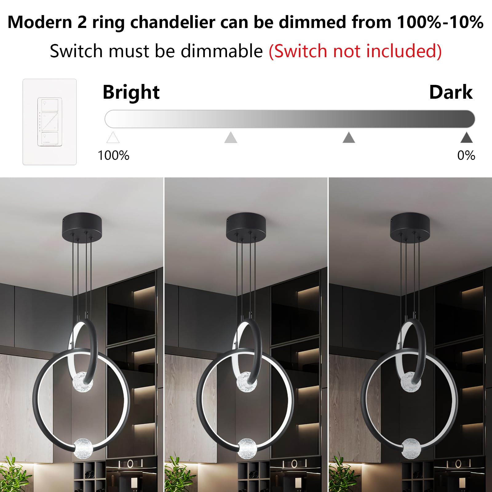 Modern LED Pendant Light Fixtures,2-Ring Dimmable Chandelier 6000K,Adjustable Height Ceiling Hanging Light Gold Pendant Lights for Kitchen Island Dining Room Bedroom(15.8in*11.8in)