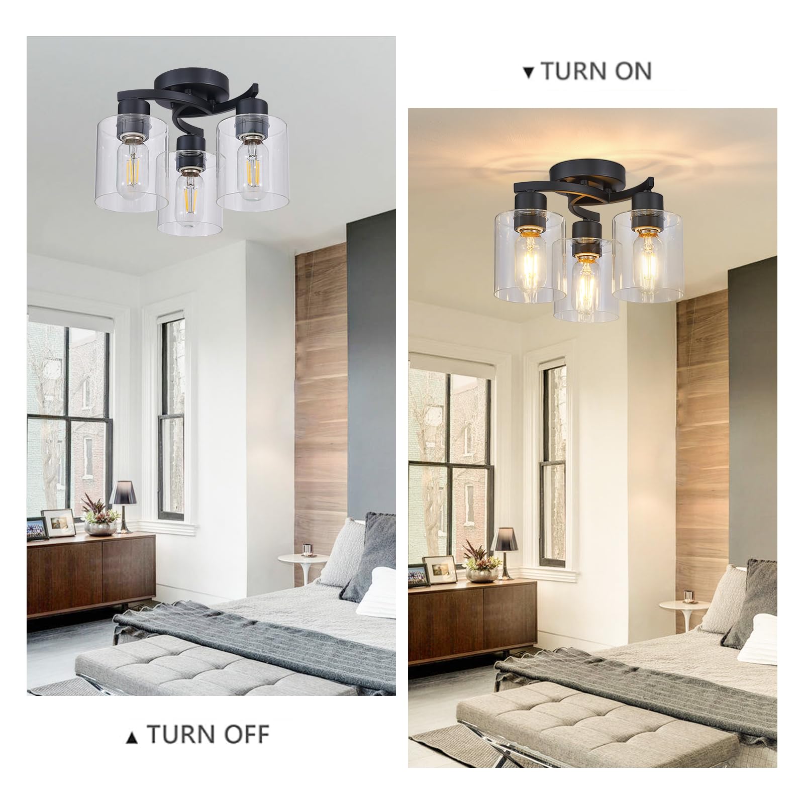 Semi Flush Mount Ceiling Light, 3-Light Close to Ceiling Light Fixtures, Black Kitchen Light Fixtures with Clear Glass Shades, Hallway Light Fixtures Ceiling Mount for Foyer Entryway