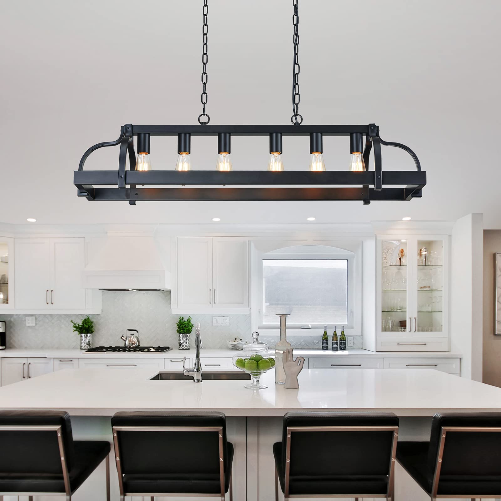 WUZUPS 5-Light Metal Chandelier Imitation Wood Grain Linear Pendant Ceiling Lighting Rustic Farmhouse Fixture Kitchen Island Dining Room, H 8.5" L 31.5" W10, E26 Base, Black & Antique White