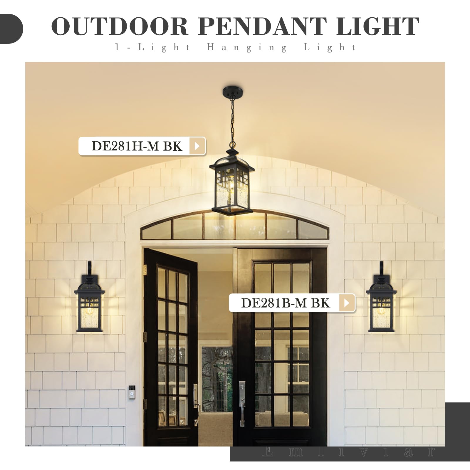 20 Inch Outdoor Pendant Light for Porch, Outdoor Chandelier for Porch, Die-Cast Aluminum with Seeded Glass, Black Finish, DE281H-M BK