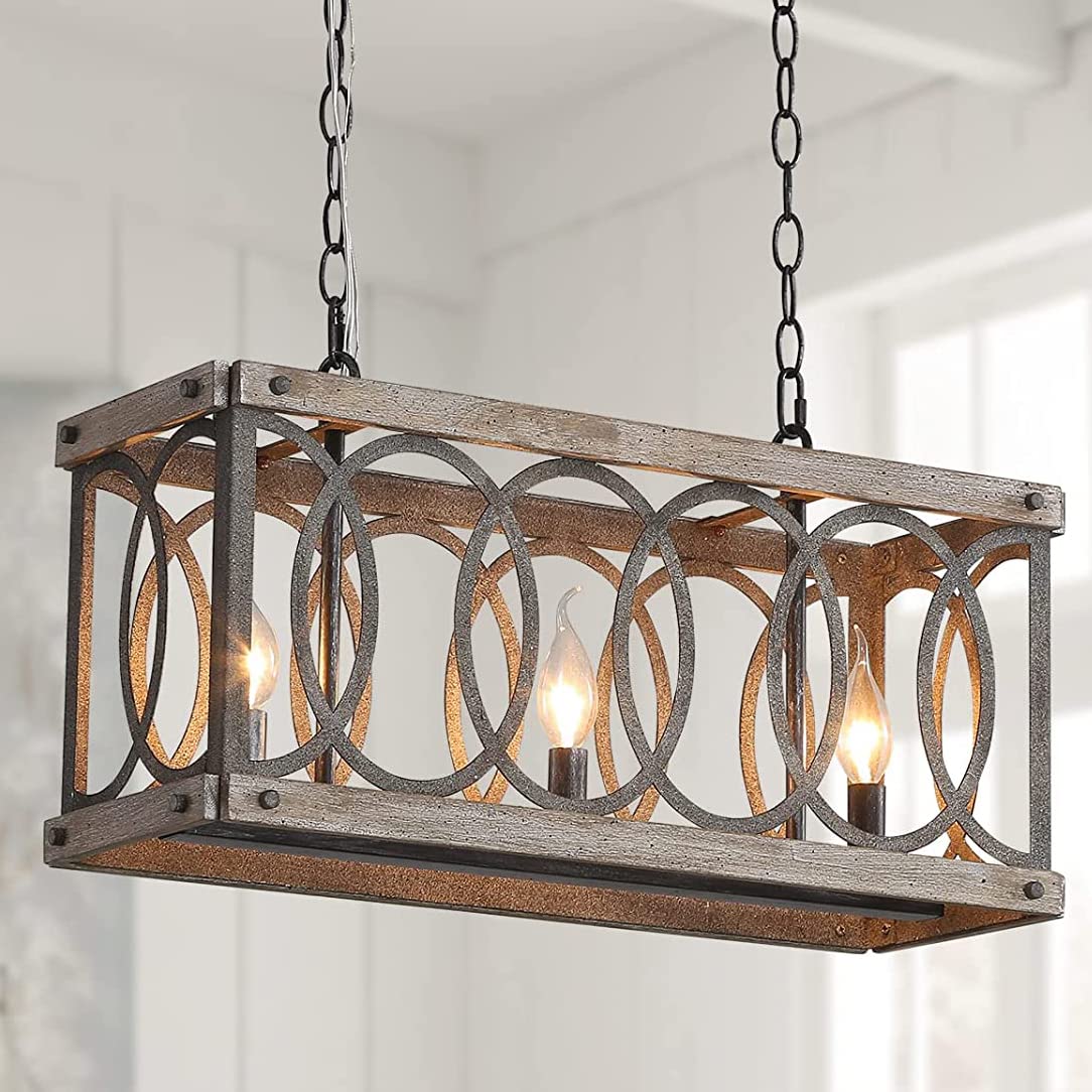 Kitchen Island Light Fixtures Dining Room Distressed White Rectangular Modern Farmhouse Chandelier, 3-Light Metal Rustic French Country Pendant Lighting Ceiling Light Hanging Lamp, No Wood