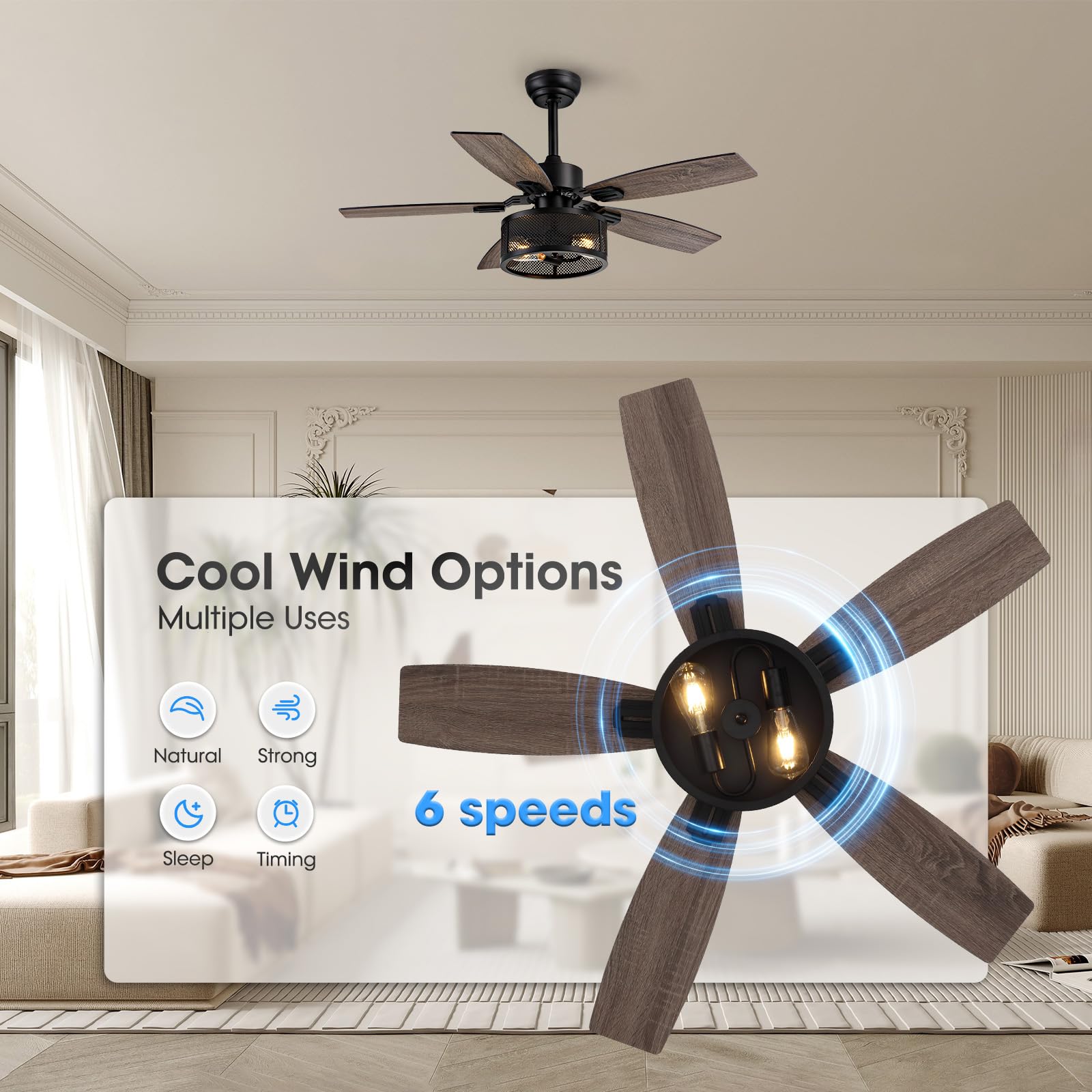 42 Inch Ceiling Fans with Lights and Remote/APP Control, Brown Ceiling Fan for Bedroom Living Room and Patio, Caged Ceiling Fan with 2 E26 LED Lights(Bulbs not Included), Indoor and Outdoor