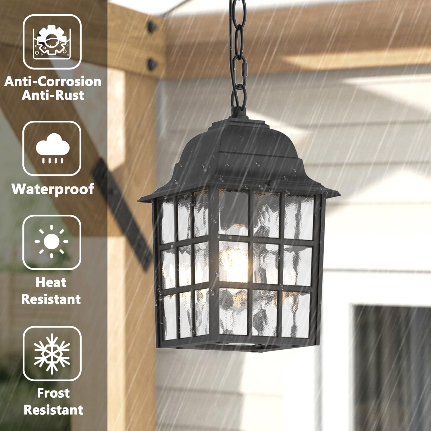 Outdoor Pendant Light, Exterior Ceiling Hanging Lantern Porch Light with Water Glass, Outdoor Hanging Lantern Light Black Exterior Pendant Lighting Fixture for Porch, Yard, Gazebo