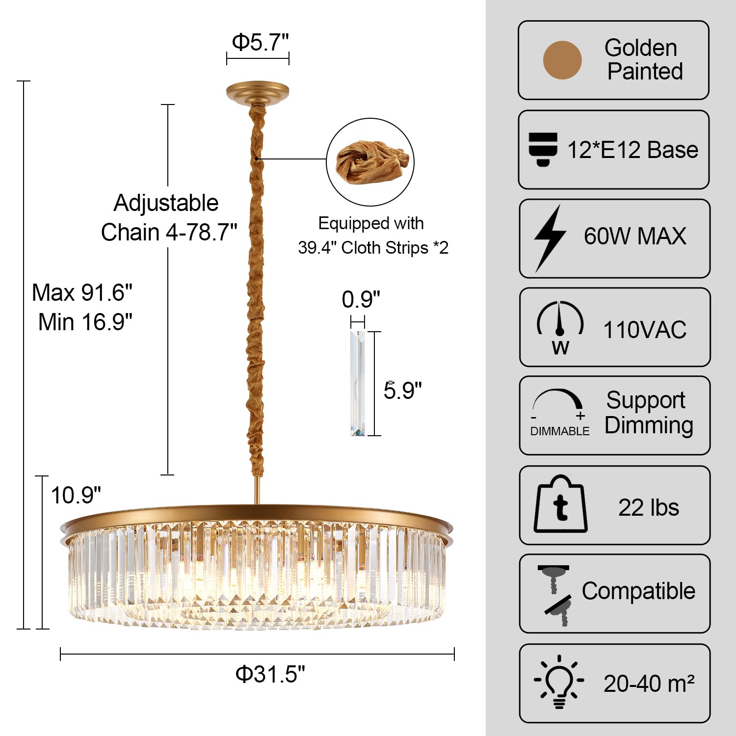 23" 8-Light Modern Crystal Chandelier Light Fixtures 2 Rings Gold Luxury Chandeliers for Dining Room Round Hanging Pendant Lighting for Living Room Kitchen Entryway Bedroom