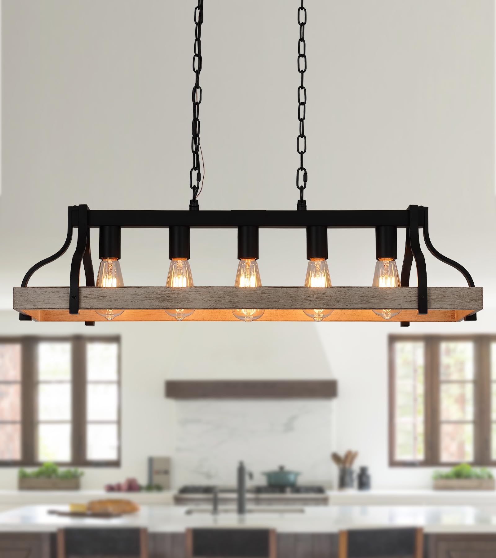 Rustic Kitchen Island Dining Room Light Fixture Farmhouse Linear Chandelier Black and Retro Wood Finish 5-Light Industrial Metal Hanging Pendant Light UL Listed L33.5 W10.6