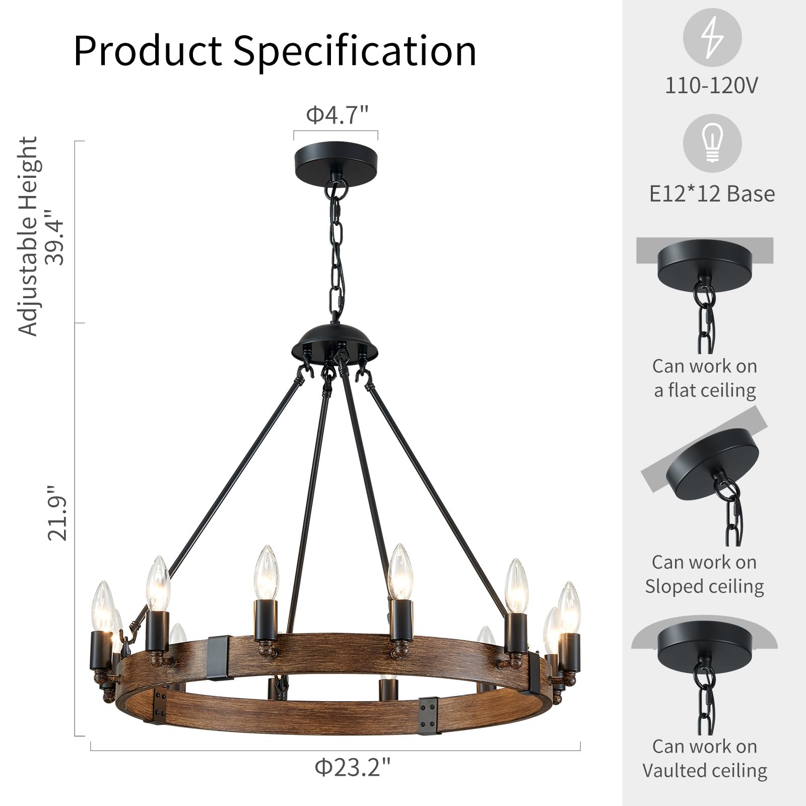 5-Light Wagon Wheel Chandelier Rustic Farmhouse Industrial Round Pendant Light Fixture with Clear Seeded Glass Shades for Dining Room Kitchen Island, H 20.5" x W 26.2", E12 Base, Gold