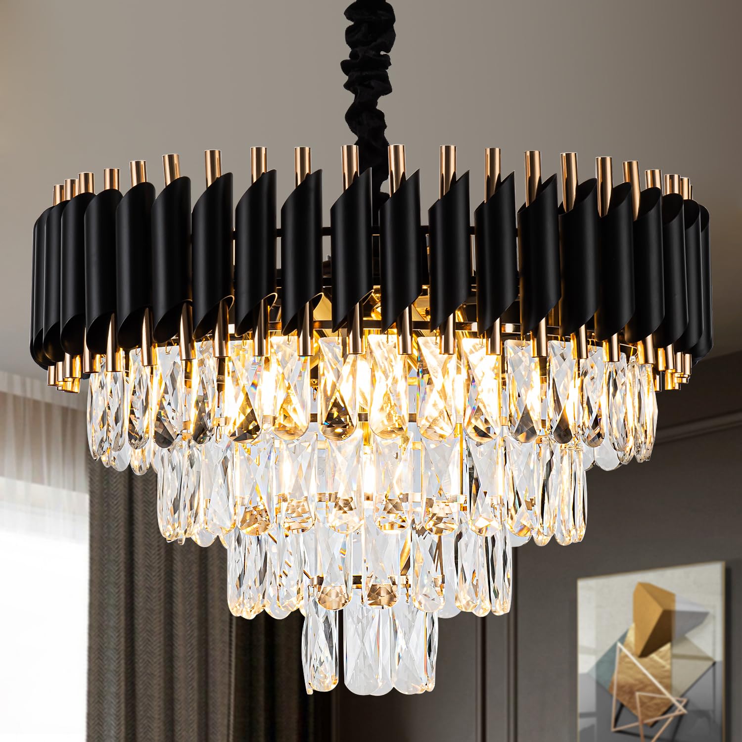 23" 8-Light Modern Crystal Chandelier Light Fixtures 2 Rings Gold Luxury Chandeliers for Dining Room Round Hanging Pendant Lighting for Living Room Kitchen Entryway Bedroom