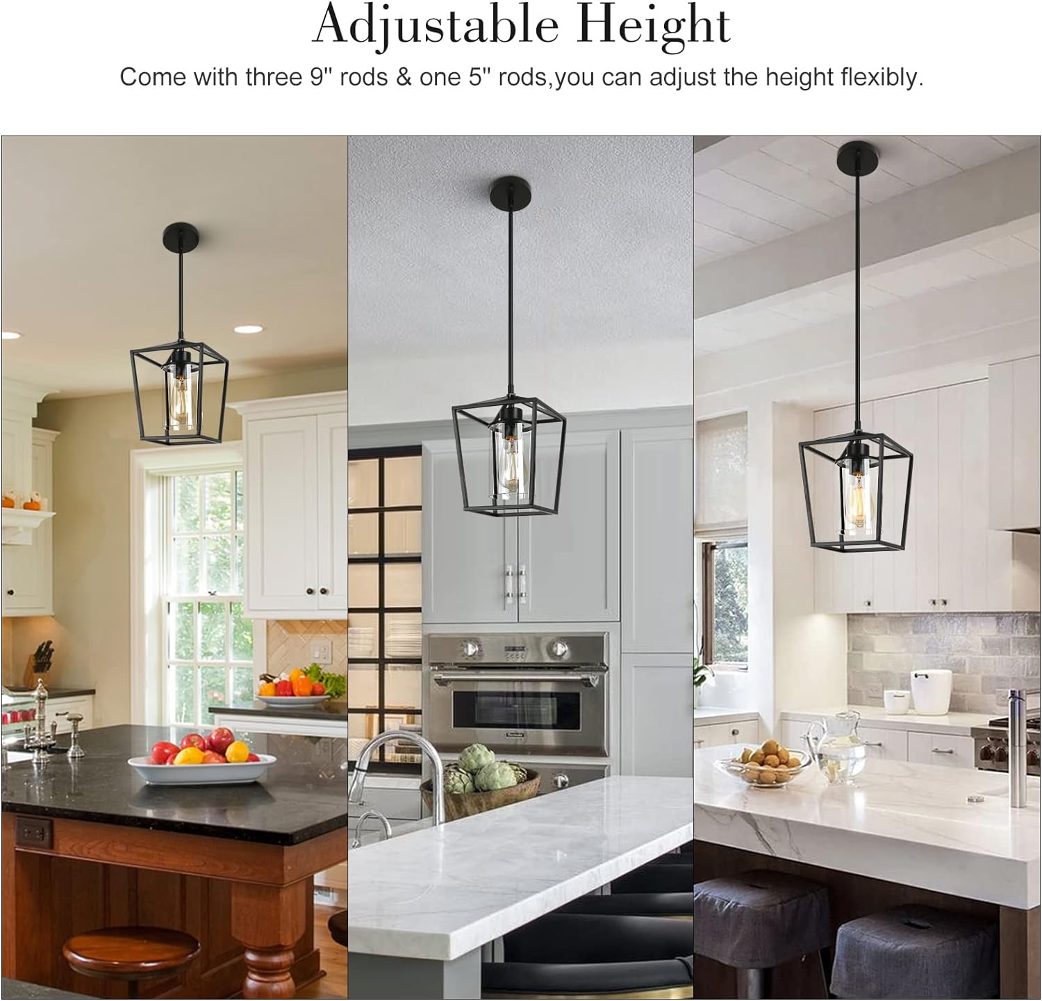 1-Light Black Pendant Light Fixture Farmhouse Iron Cage Metal Pendant Light Lantern Hanging Light Fixtures with Clear Glass Shade for Kitchen Island, Entryway, Dining Room, Hallway