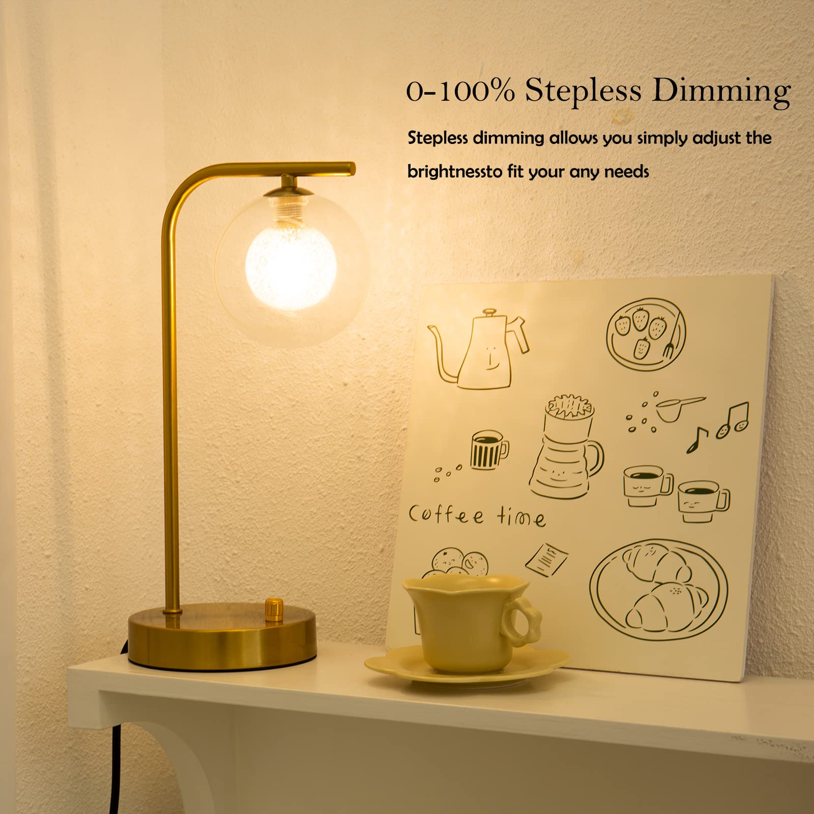 Industrial Table Lamps with USB Charging Ports,Gold Metal Brightness Beside Table Lamp with Glass Globle Stepless Dimmable Desk Lamp for Living Room Bedroom,LED Bulb Included