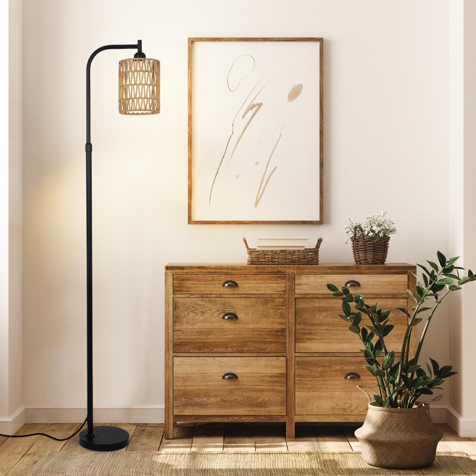 Modern Gold Floor Lamps for Living Room, Boho Rattan Floor Lamp with Remote & Dimmable LED Bulb, Farmhouse Standing Lamp with Rattan Shades, Minimalist Tall Pole Lamp for Bedroom Office