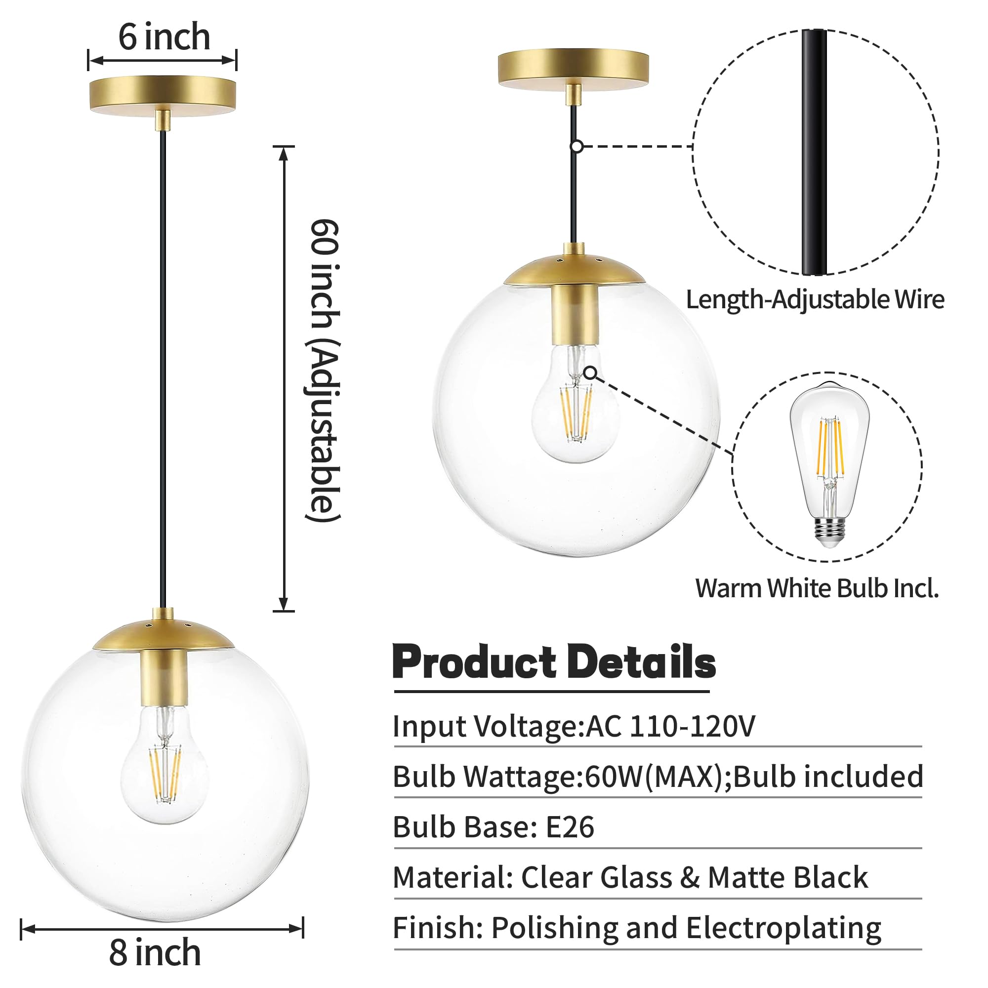 6-inch Mini Modern Globe Pendant Light Clear Glass with Brass Finish Contemporary Mid Century Adjustable Hanging Light Fixture for Living Room Bedroom Kitchen