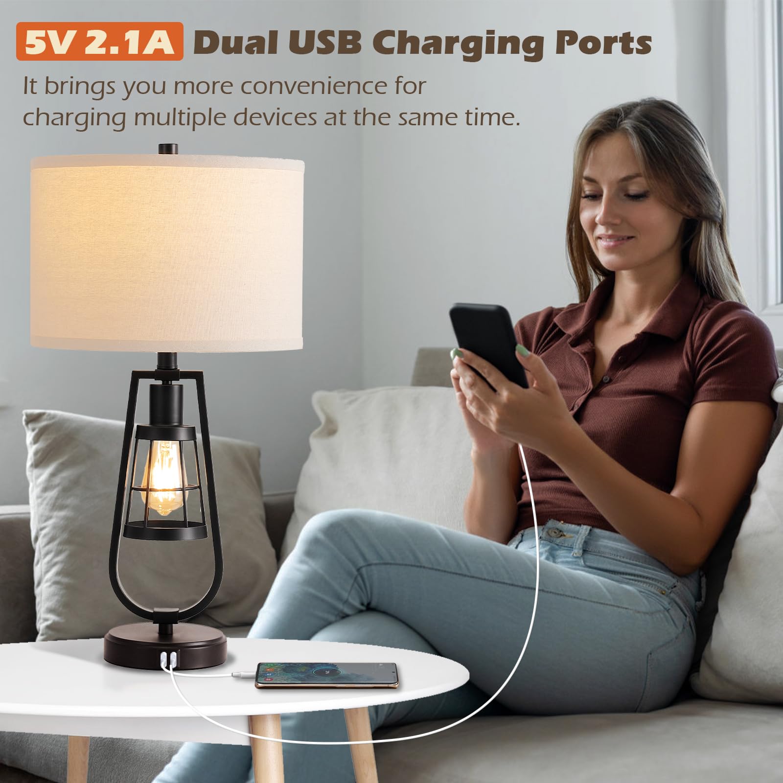 Farmhouse Dual USB Charging Ports 3-Way Dimmable Touch Control Table Lamp with Nightlight Black Bedside Lamps Lamps for Living Room Bedroom