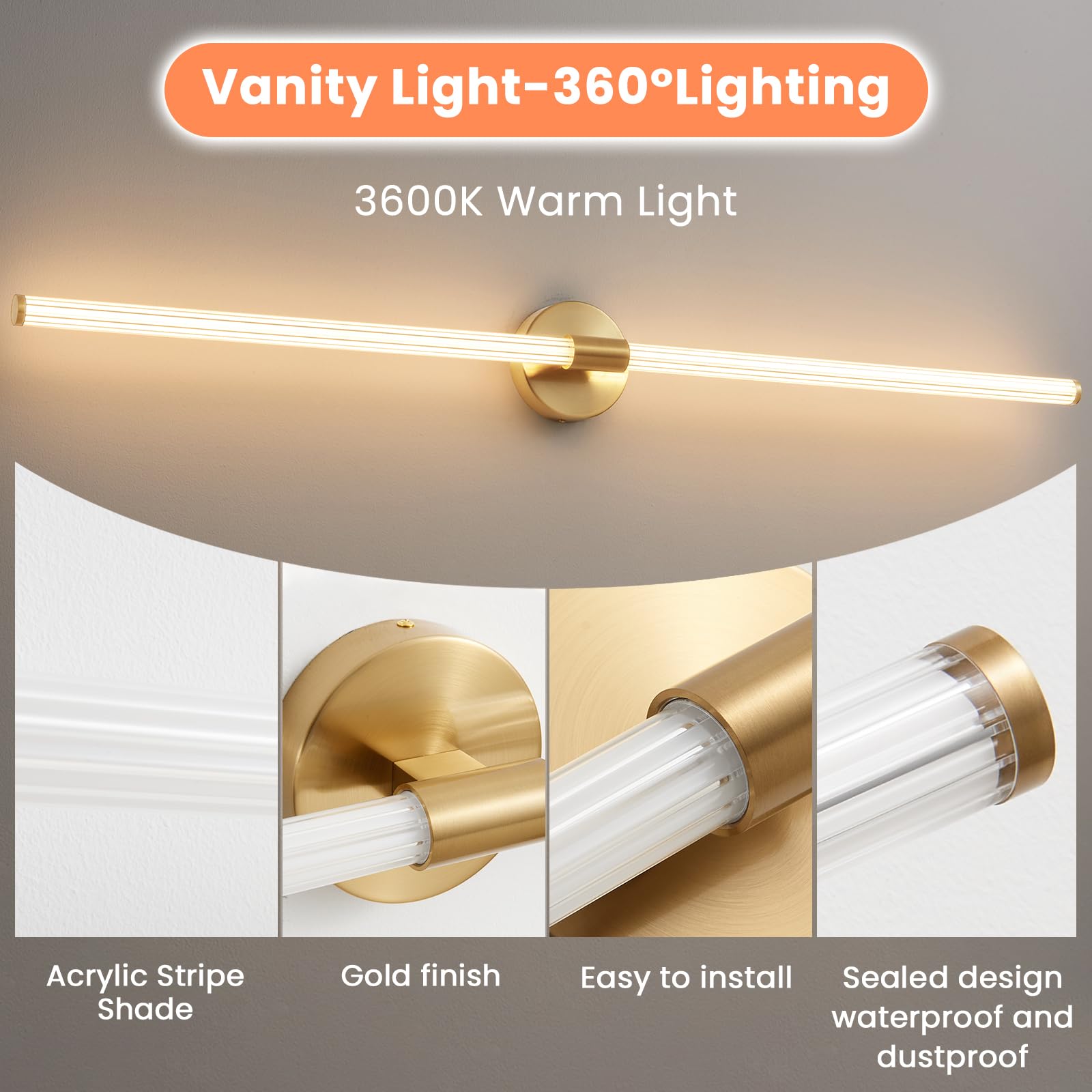 LED Bathroom Light Fixtures Gold Bathroom Vanity Lights Over Mirror 360° Full Lighting Dimmable LED 22 inch Vanity Light Bar Modern Wall Sconce Warm Light for Bedroom Living Room