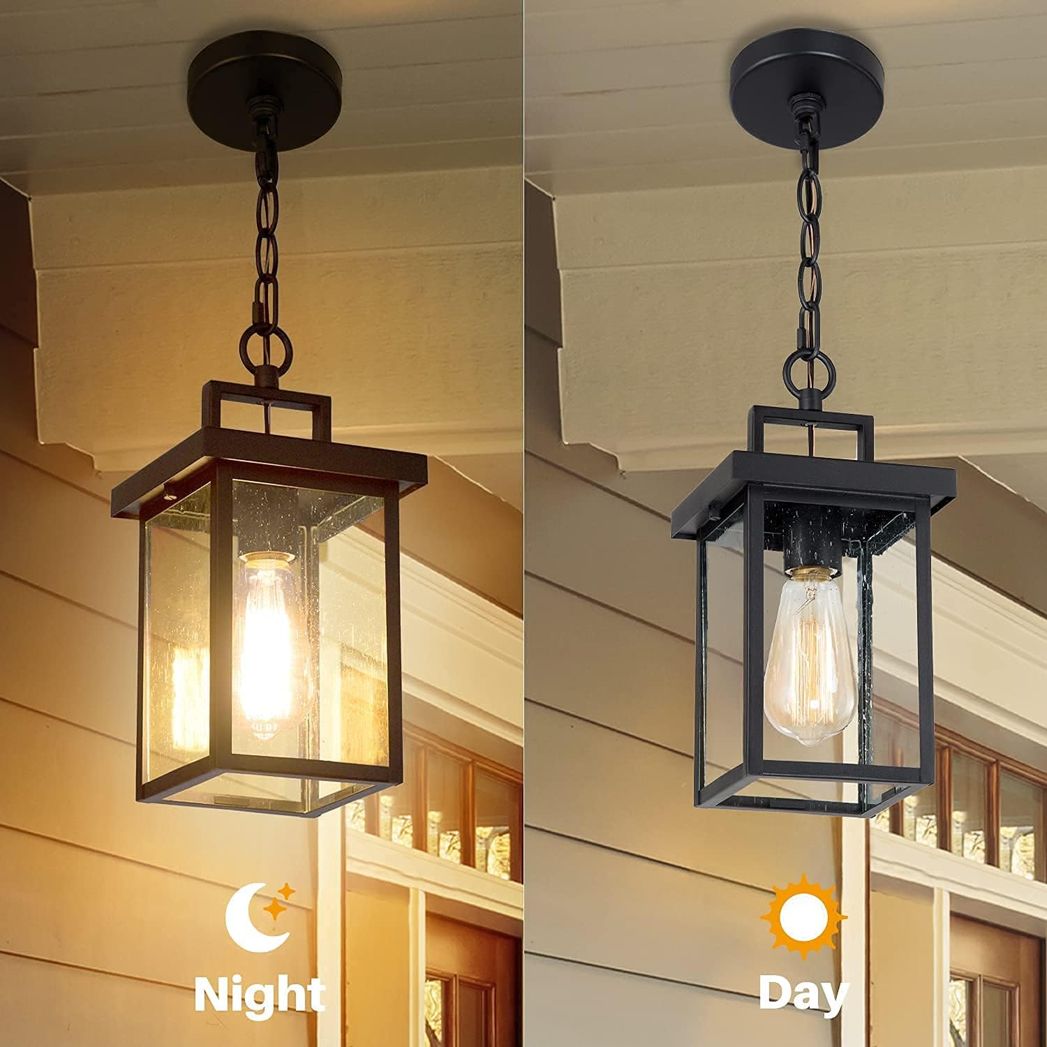 Outdoor Pendant Light Fixture, Exterior Hanging Lantern, 1-Light Outdoor Chandelier Lamp in Black Finish with Seeded Glass, Outdoor Ceiling Lantern for Porch, Patio, Gazebo, Hallway, Entryway