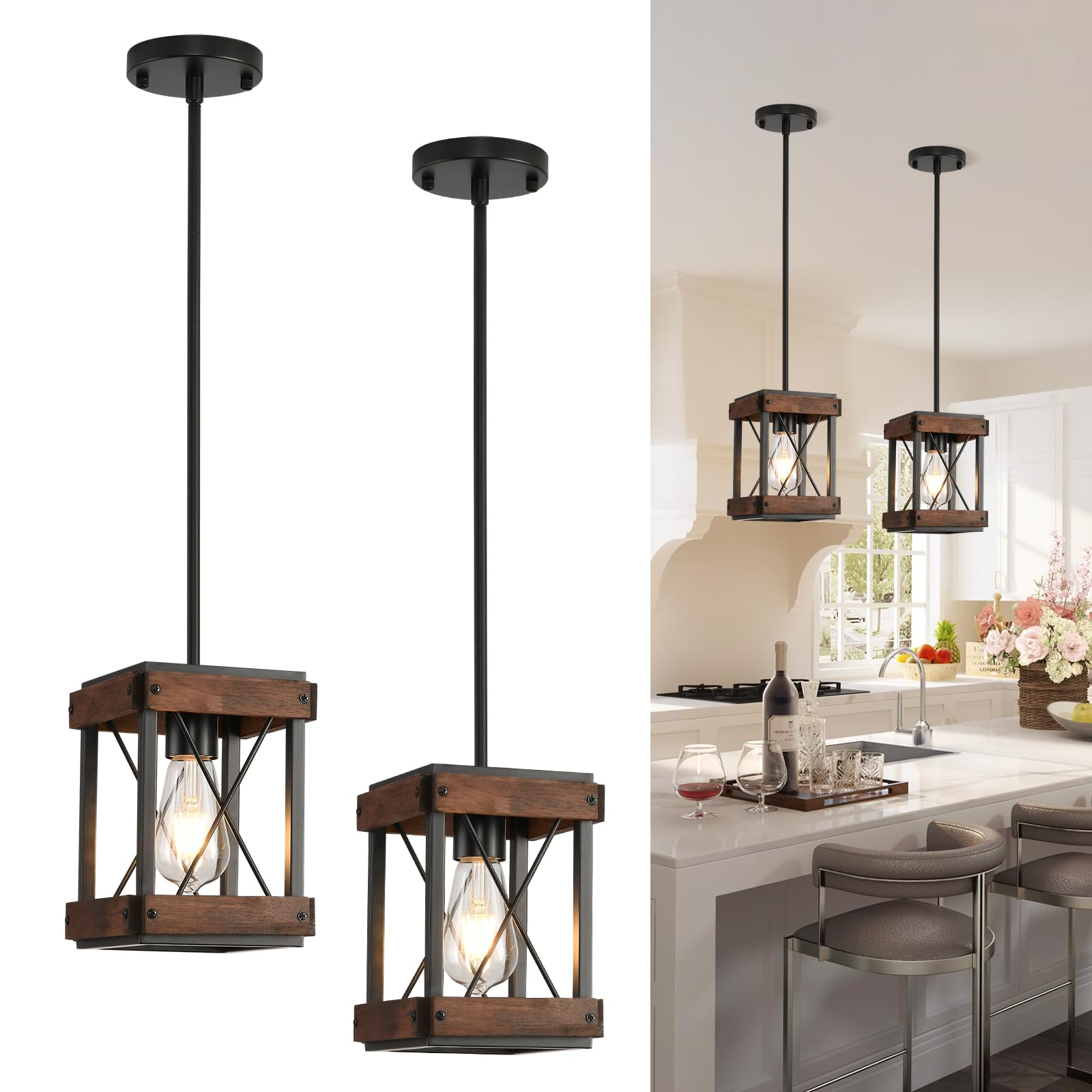 Farmhouse Kitchen Island Light, 3 Lights Pendant Lighting Fixture, Rustic Wood Chandelier, Adjustable Height Metal Linear Light for Dining Room Kitchen Bar Pool Table.