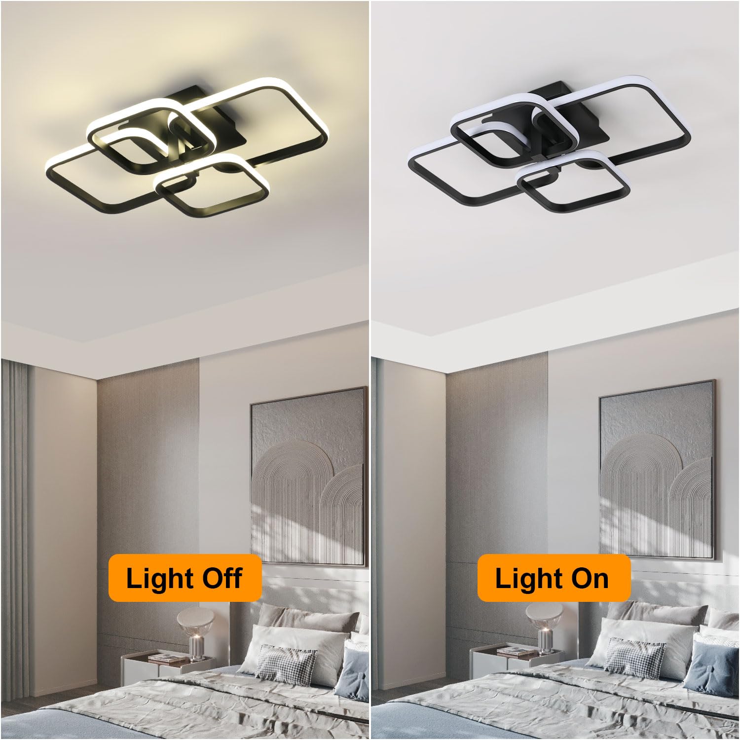 Modern LED Ceiling Light - 60W 4500K Black Semi Flush Mount Ceiling Light Fixtures, 4-Square Design Ceiling Lamp for Living Room, Kitchen, Bedroom, Dining Room