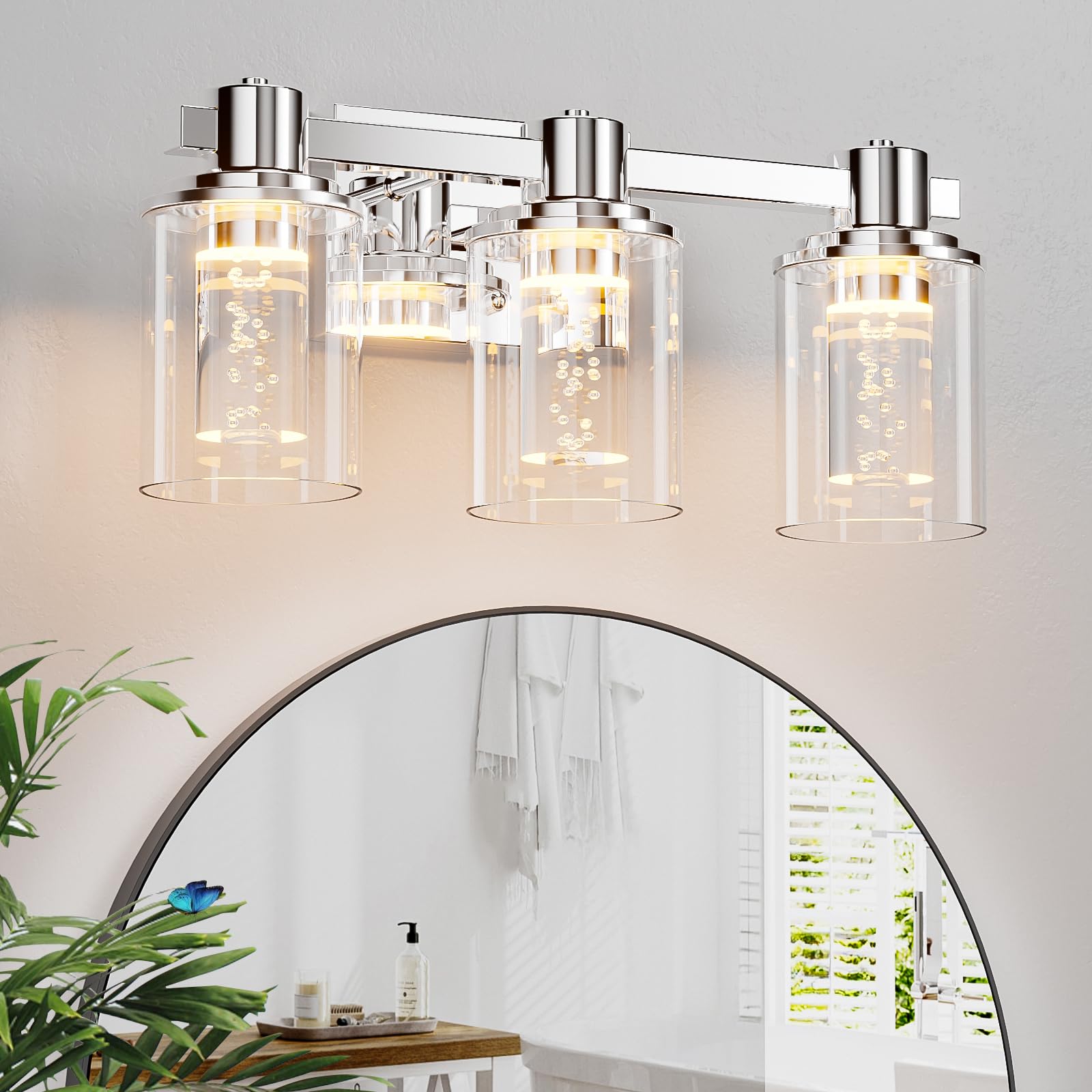 Bathroom Vanity Light Fixtures, 3-Light LED Lighting Fixtures Over Mirror, 5 CCT Modern Chrome Vanity Light for Bathroom with Crystal Bulb Clear Glass Shade Dimmable Bathroom Wall Lamp