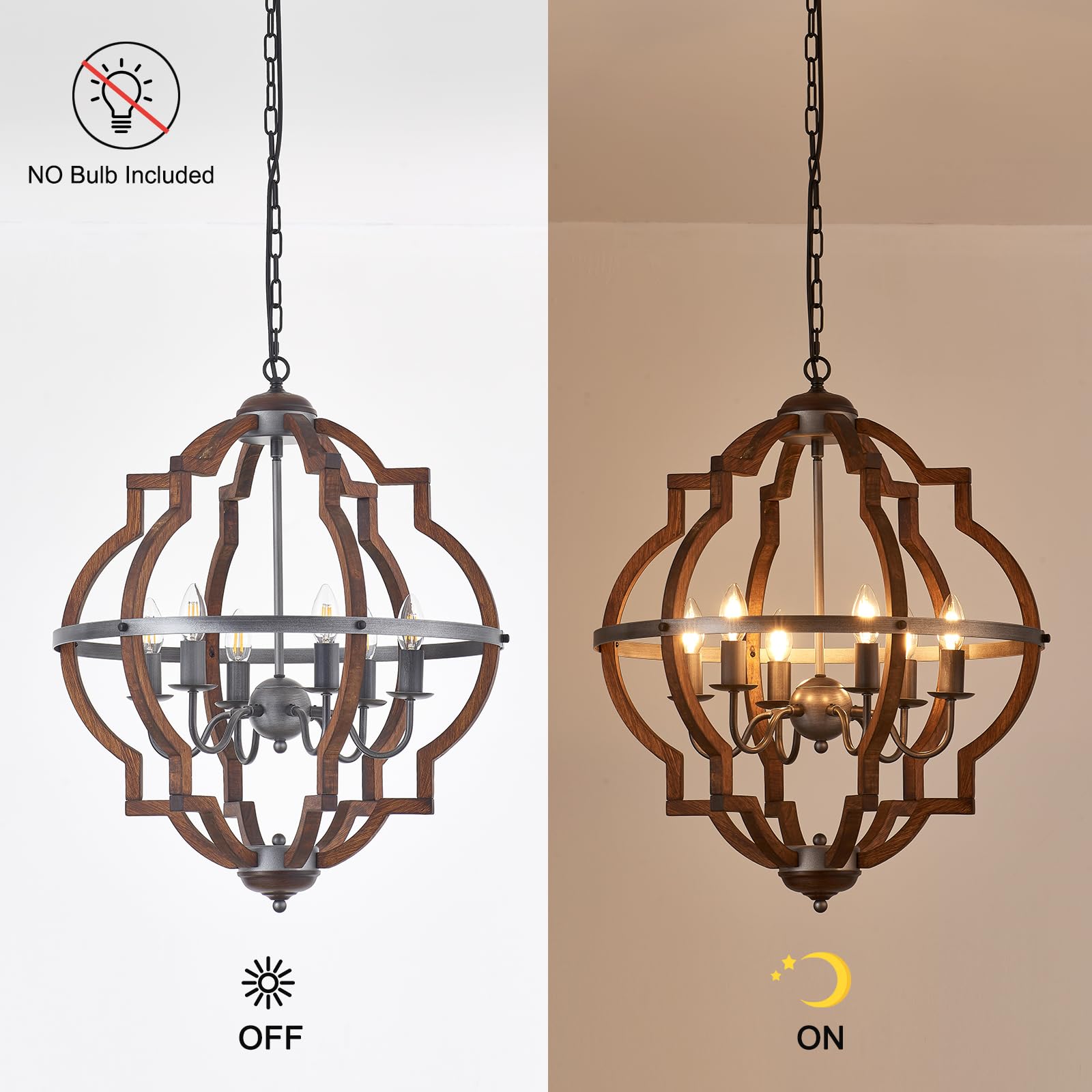 Wood Chandelier Light Fixture Antique Farmhouse 23.6" Caged Candle Style Ord Chandelier Industrial Rustic 6-Lights Wooden Chandelier for Dining Room, Kitchen, Living Room, Bedroom, E12