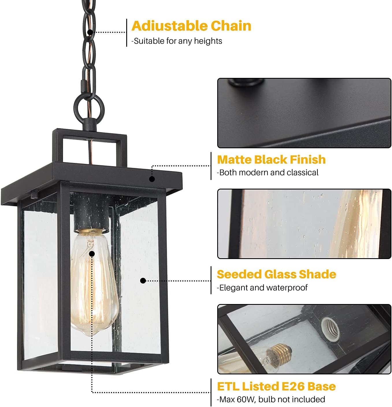 Outdoor Pendant Light Fixture, Exterior Hanging Lantern, 1-Light Outdoor Chandelier Lamp in Black Finish with Seeded Glass, Outdoor Ceiling Lantern for Porch, Patio, Gazebo, Hallway, Entryway