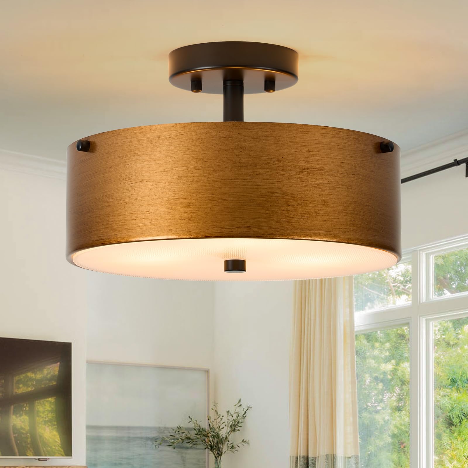 12"Semi Flush Mount Ceiling Light Fixture,3-Light Small Brass Chandelier Drum Lighting with Age Gold Metal Shade,Modern Close to Ceiling Lamps for Bedroom, Dining Room, Kitchen, Hallway, Entry, Foyer