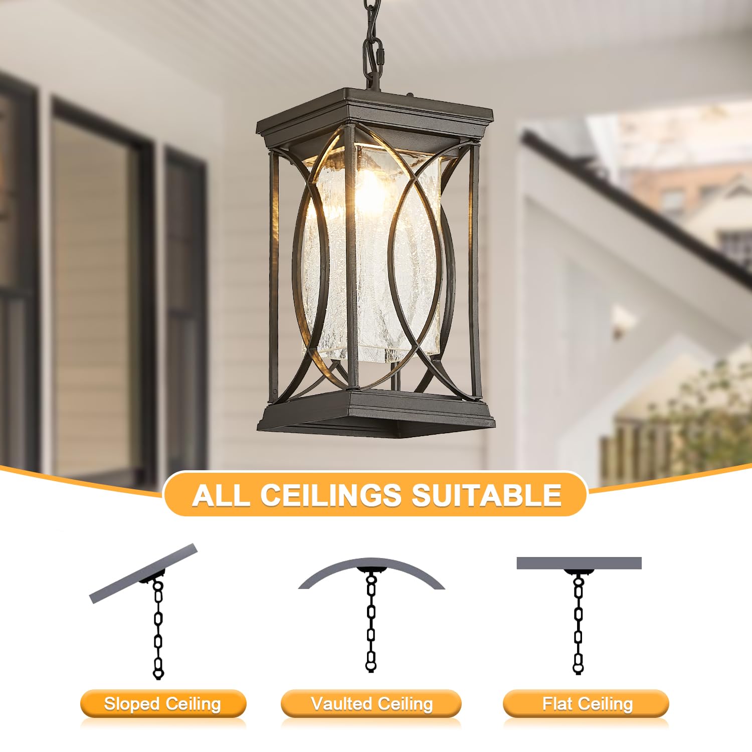 Outdoor Pendant Light Fixtures Dusk to Dawn Exterior Ceiling Hanging Lantern for Porch, Modern Black Outside Chandelier Light with Crack Glass for Front Door Porch Gazebo Foyer Entryway