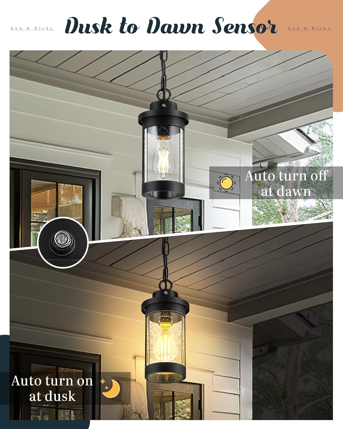 Outdoor Pendant Light, Outdoor Pendant Lights for Porch with Dusk to Dawn Sensor,Outdoor Hanging Light with Seeded Glass, Adjustable Chain, KR3337-W-1PK